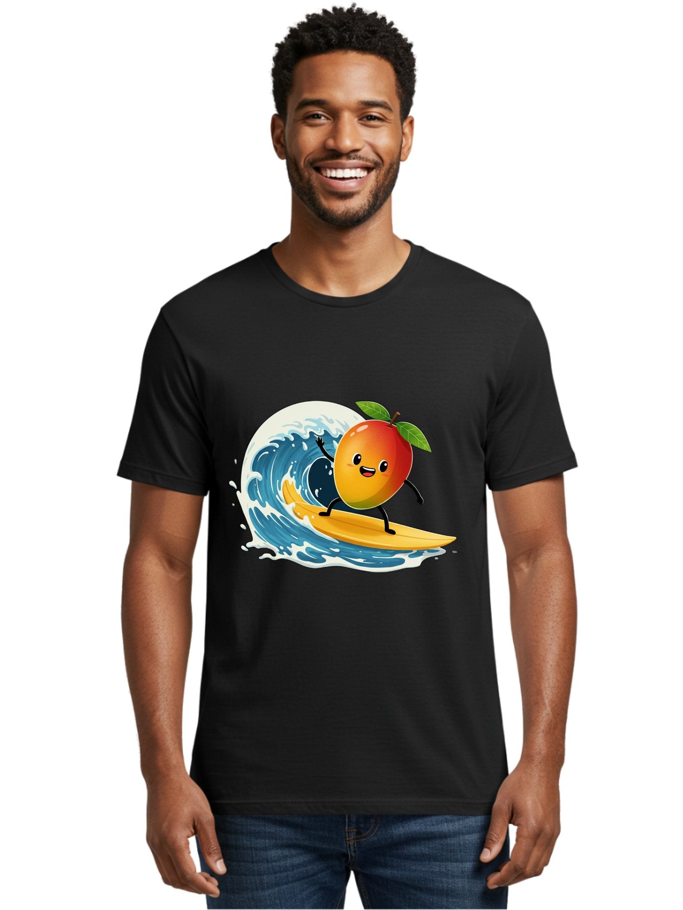 Mango-Surfing Men'S Graphic Tee, 100% Cotton, Comfortable Casual Summer Wear, Machine Washable, Cartoon Mango, Surfing Wave, Happy Face, Beach Fun, Summer Vibes, Ocean Wave, Surfing Cartoon, Playful Character, Cute Illustration Bac167 21