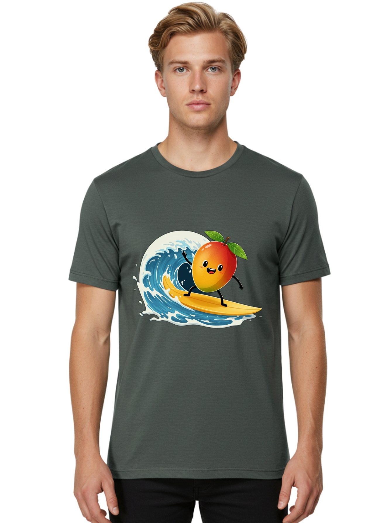 Mango-Surfing Men'S Graphic Tee, 100% Cotton, Comfortable Casual Summer Wear, Machine Washable, Cartoon Mango, Surfing Wave, Happy Face, Beach Fun, Summer Vibes, Ocean Wave, Surfing Cartoon, Playful Character, Cute Illustration Bac167 26