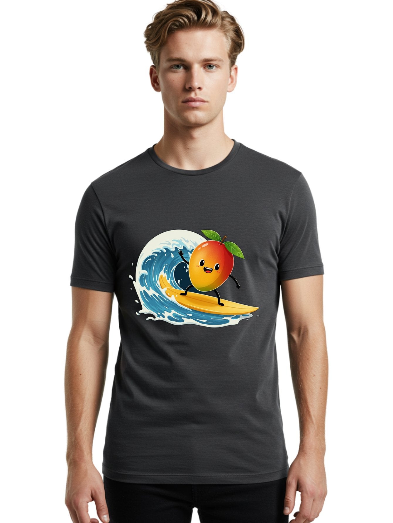 Mango-Surfing Men'S Graphic Tee, 100% Cotton, Comfortable Casual Summer Wear, Machine Washable, Cartoon Mango, Surfing Wave, Happy Face, Beach Fun, Summer Vibes, Ocean Wave, Surfing Cartoon, Playful Character, Cute Illustration Bac167 22
