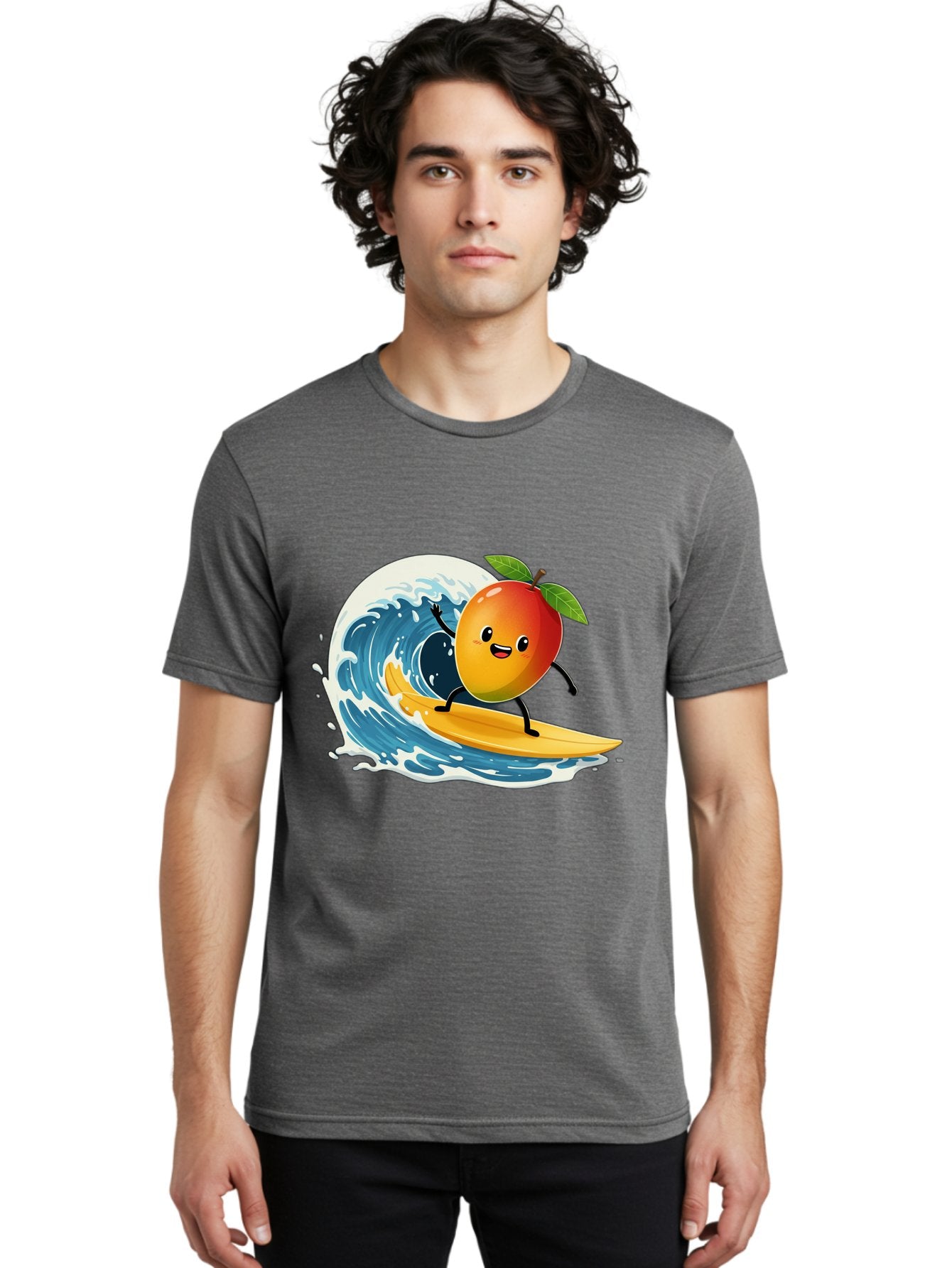 Mango-Surfing Men'S Graphic Tee, 100% Cotton, Comfortable Casual Summer Wear, Machine Washable, Cartoon Mango, Surfing Wave, Happy Face, Beach Fun, Summer Vibes, Ocean Wave, Surfing Cartoon, Playful Character, Cute Illustration Bac167 19