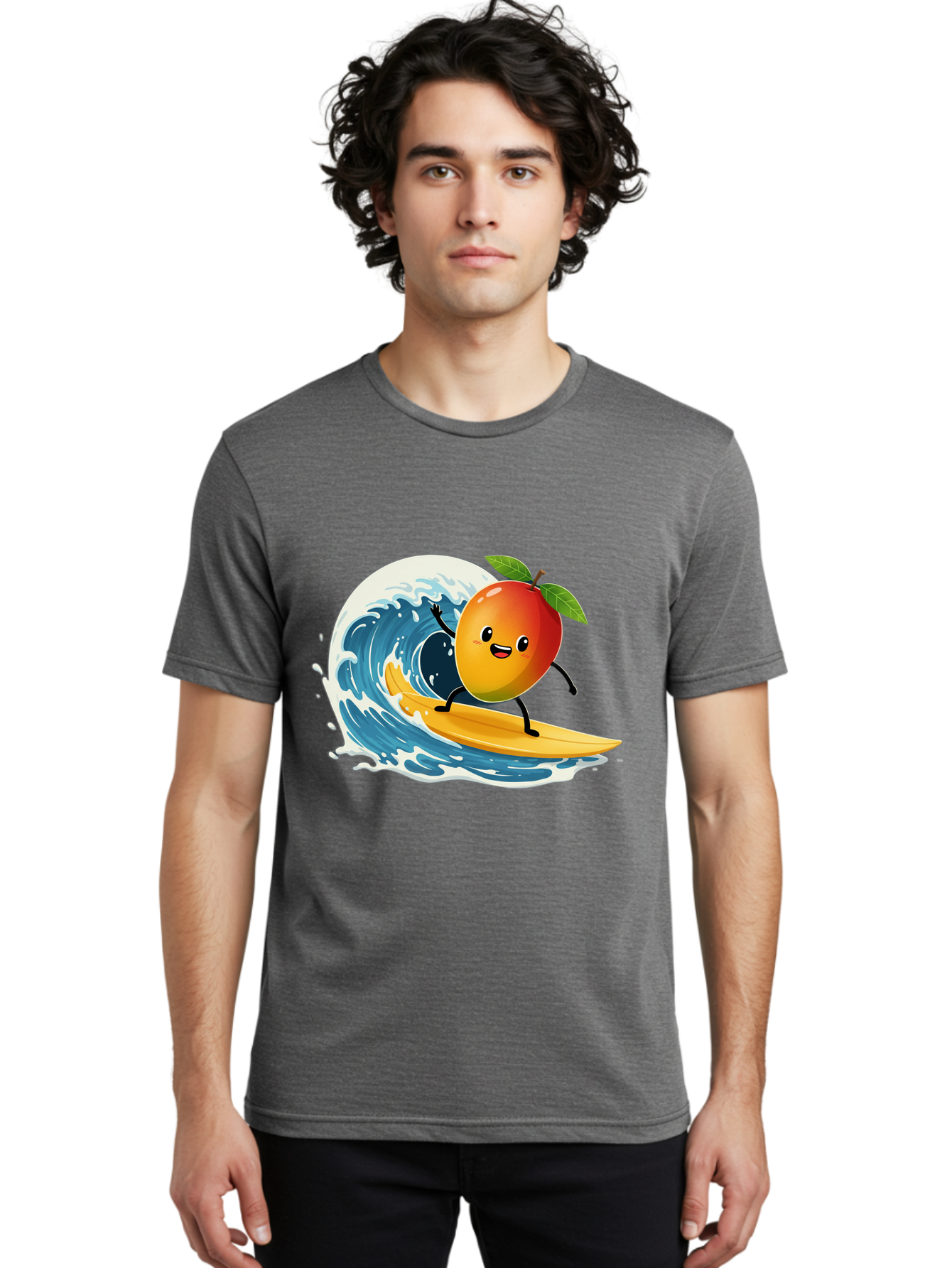 Mango-Surfing Men'S Graphic Tee, 100% Cotton, Comfortable Casual Summer Wear, Machine Washable, Cartoon Mango, Surfing Wave, Happy Face, Beach Fun, Summer Vibes, Ocean Wave, Surfing Cartoon, Playful Character, Cute Illustration Bac167 26