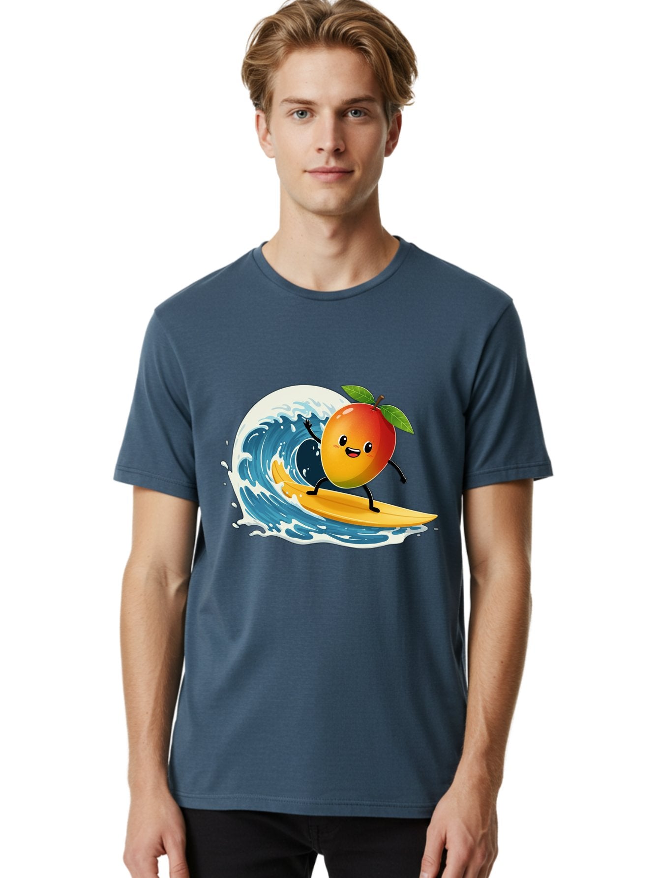 Mango-Surfing Men'S Graphic Tee, 100% Cotton, Comfortable Casual Summer Wear, Machine Washable, Cartoon Mango, Surfing Wave, Happy Face, Beach Fun, Summer Vibes, Ocean Wave, Surfing Cartoon, Playful Character, Cute Illustration Bac167 16