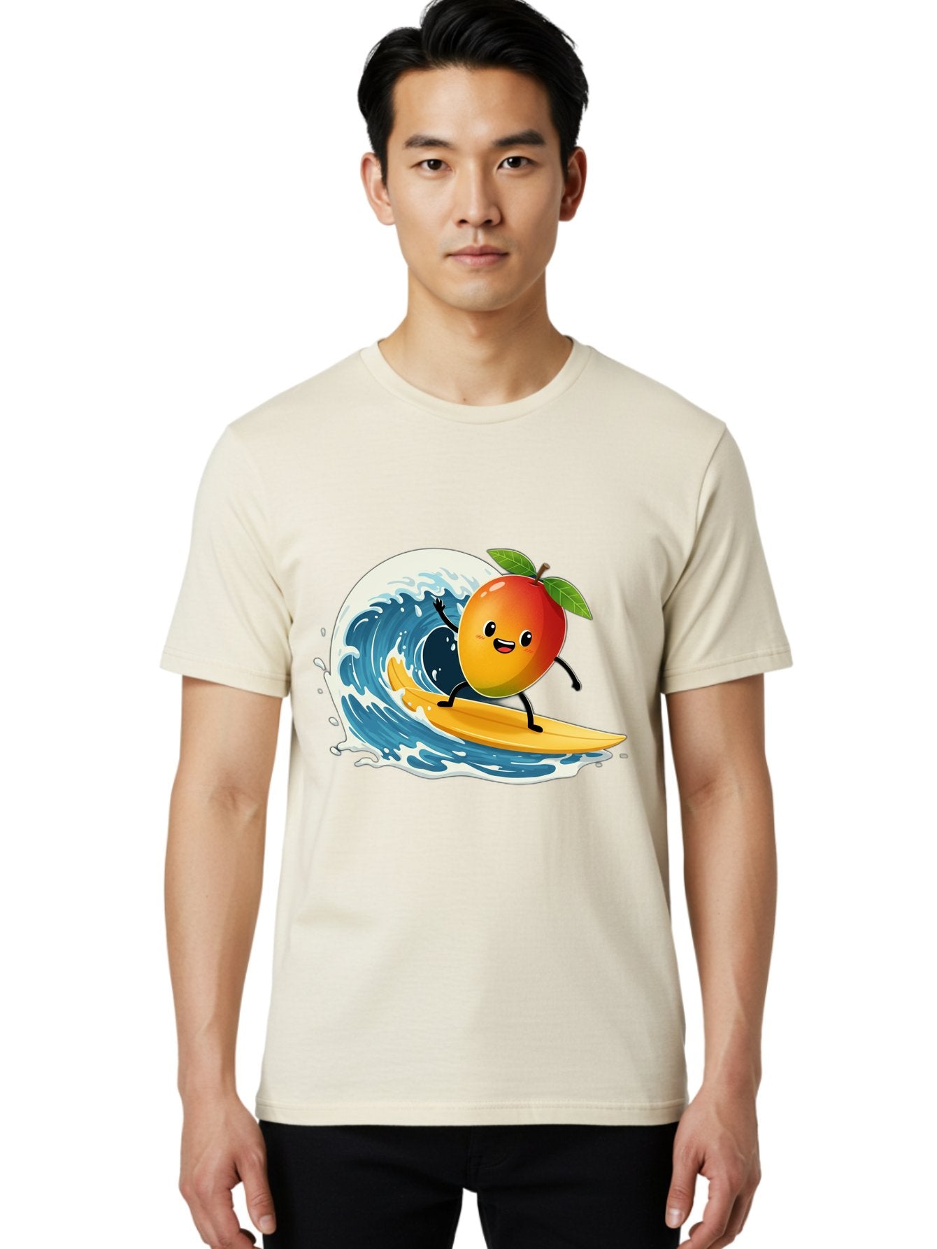 Mango-Surfing Men'S Graphic Tee, 100% Cotton, Comfortable Casual Summer Wear, Machine Washable, Cartoon Mango, Surfing Wave, Happy Face, Beach Fun, Summer Vibes, Ocean Wave, Surfing Cartoon, Playful Character, Cute Illustration Bac167 24