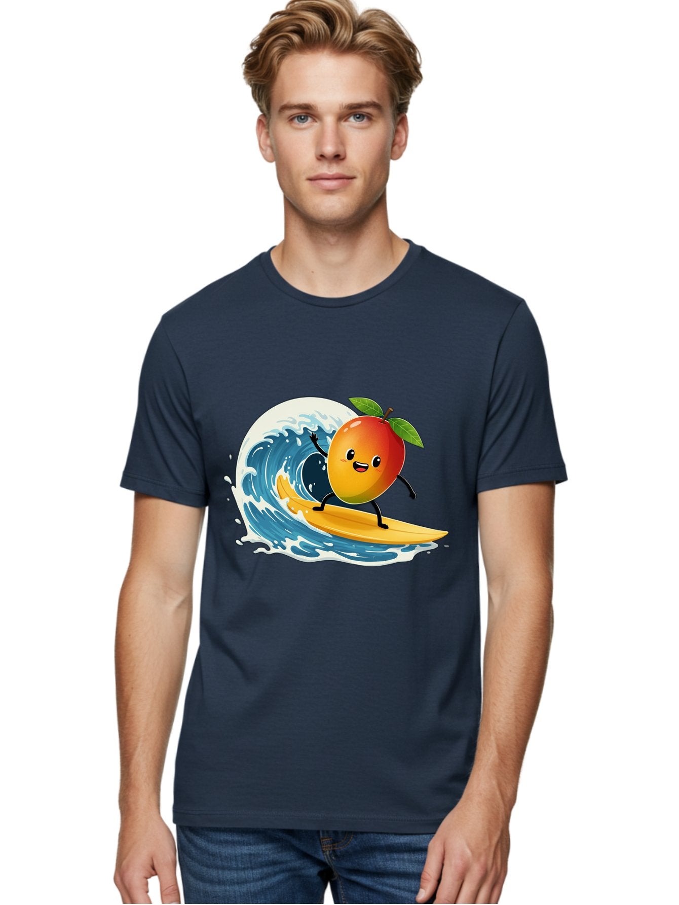 Mango-Surfing Men'S Graphic Tee, 100% Cotton, Comfortable Casual Summer Wear, Machine Washable, Cartoon Mango, Surfing Wave, Happy Face, Beach Fun, Summer Vibes, Ocean Wave, Surfing Cartoon, Playful Character, Cute Illustration Bac167 28