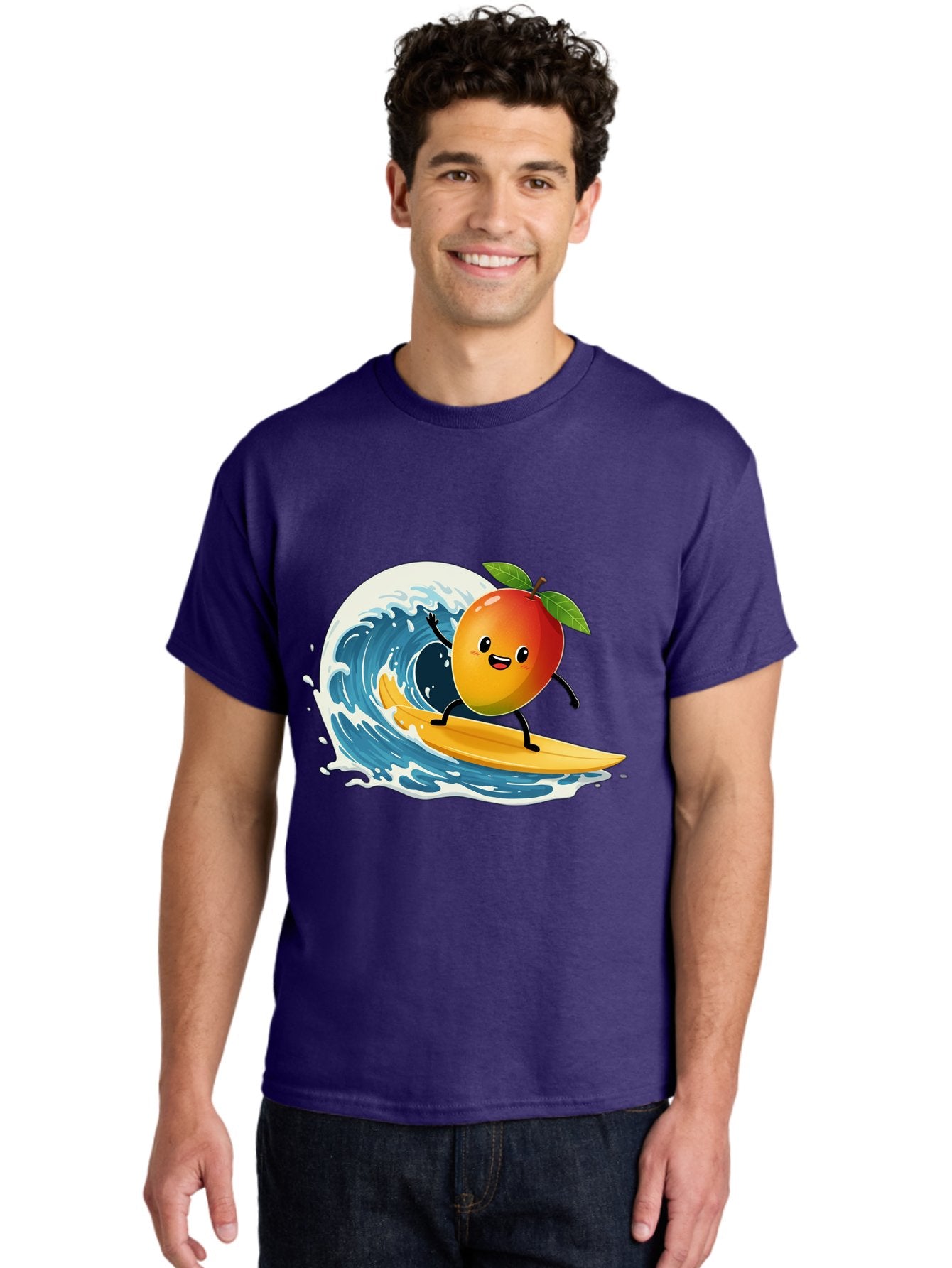 Mango-Surfing Men'S Graphic Tee, 100% Cotton, Comfortable Casual Summer Wear, Machine Washable, Cartoon Mango, Surfing Wave, Happy Face, Beach Fun, Summer Vibes, Ocean Wave, Surfing Cartoon, Playful Character, Cute Illustration Bac167 29