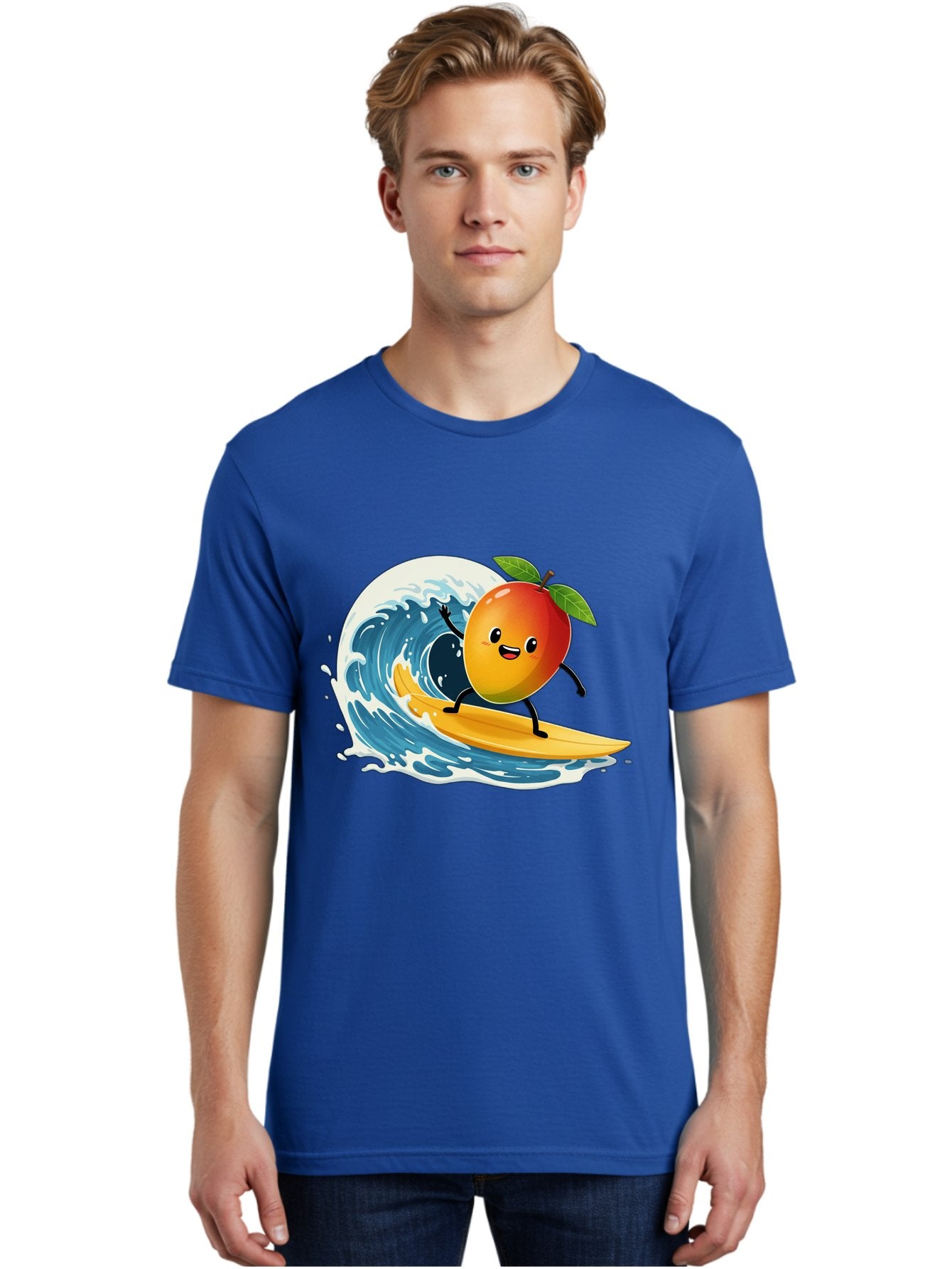 Mango-Surfing Men'S Graphic Tee, 100% Cotton, Comfortable Casual Summer Wear, Machine Washable, Cartoon Mango, Surfing Wave, Happy Face, Beach Fun, Summer Vibes, Ocean Wave, Surfing Cartoon, Playful Character, Cute Illustration Bac167 23