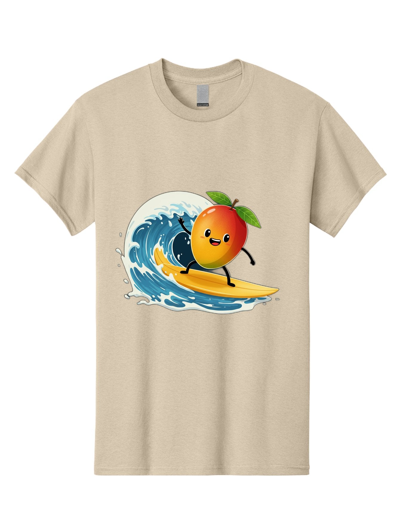 Mango-Surfing Men'S Graphic Tee, 100% Cotton, Comfortable Casual Summer Wear, Machine Washable, Cartoon Mango, Surfing Wave, Happy Face, Beach Fun, Summer Vibes, Ocean Wave, Surfing Cartoon, Playful Character, Cute Illustration Bac167 13