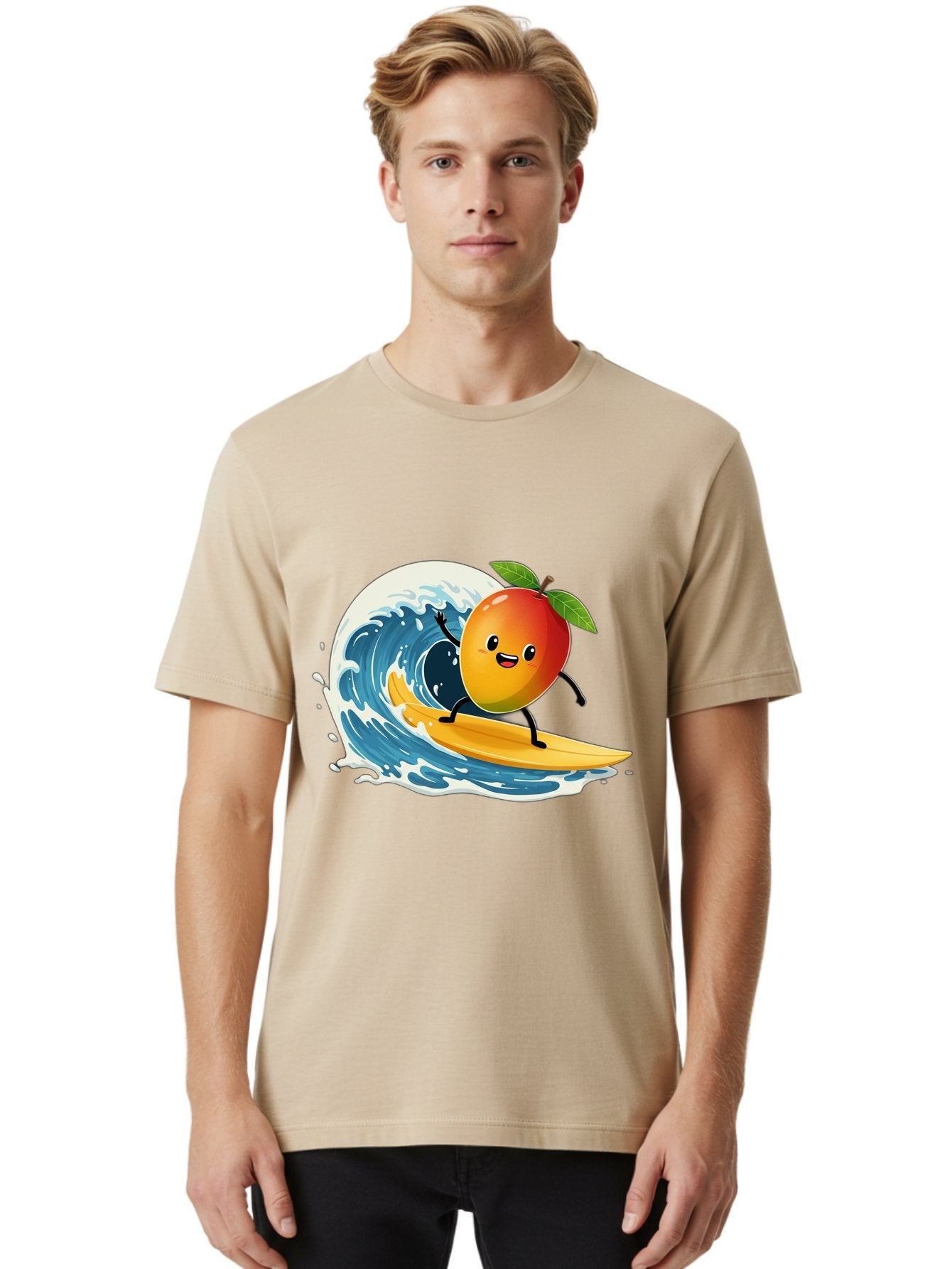 Mango-Surfing Men'S Graphic Tee, 100% Cotton, Comfortable Casual Summer Wear, Machine Washable, Cartoon Mango, Surfing Wave, Happy Face, Beach Fun, Summer Vibes, Ocean Wave, Surfing Cartoon, Playful Character, Cute Illustration Bac167 20