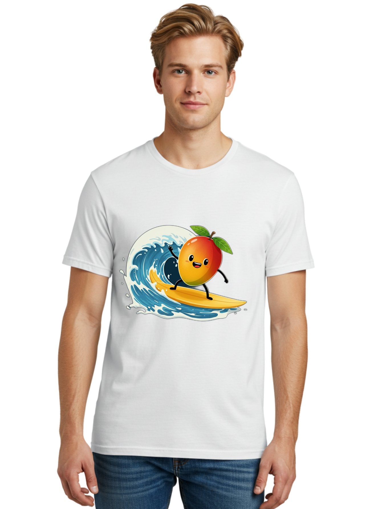 Mango-Surfing Men'S Graphic Tee, 100% Cotton, Comfortable Casual Summer Wear, Machine Washable, Cartoon Mango, Surfing Wave, Happy Face, Beach Fun, Summer Vibes, Ocean Wave, Surfing Cartoon, Playful Character, Cute Illustration Bac167 27