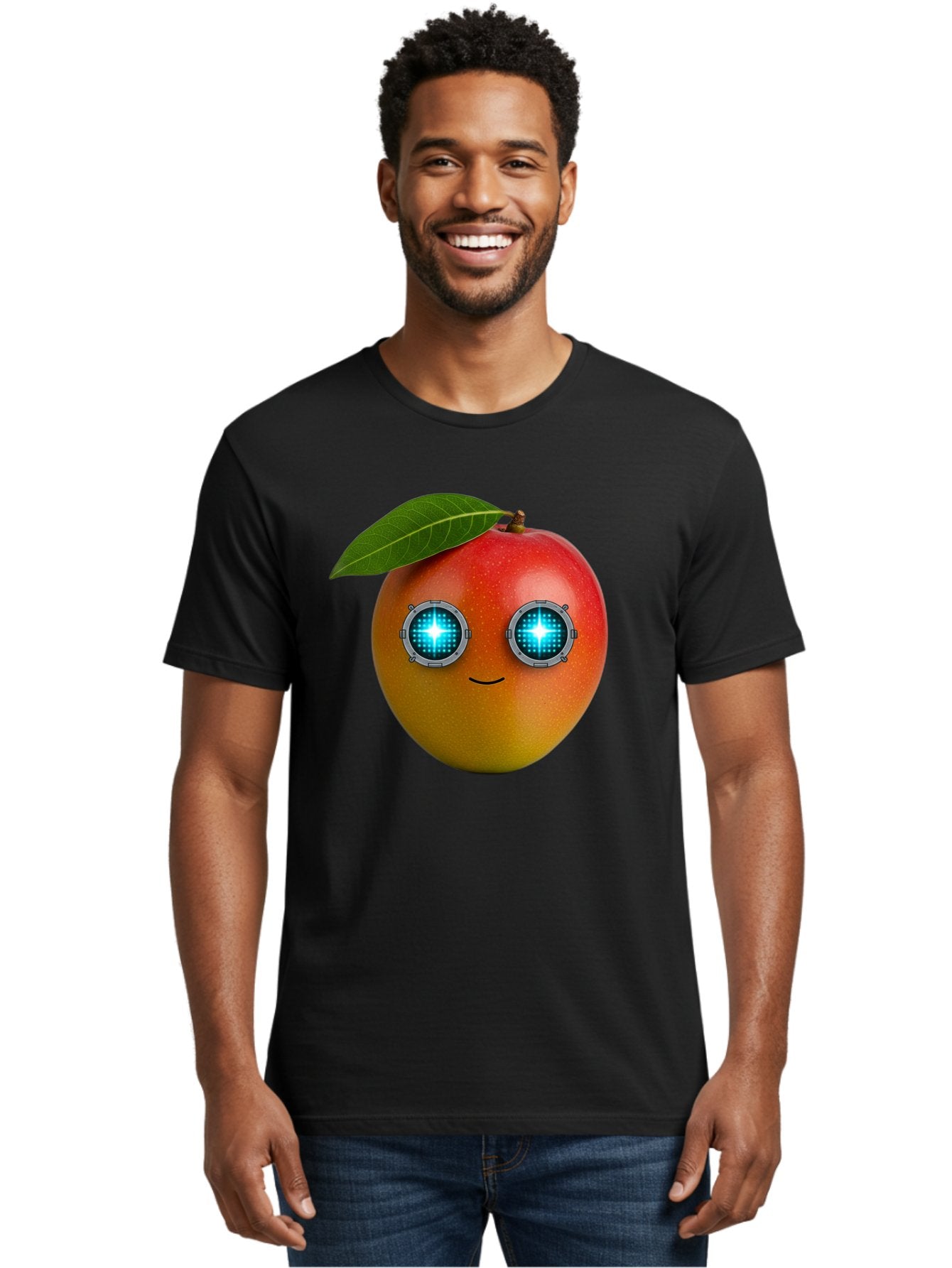 Mango-With-Cyborg-Eyes Men'S Graphic Tee, 100% Cotton, Comfortable Casual Summer Wear, Machine Washable, Mango Fruit, Robotic Eyes, Cyborg Fruit, Digital Eyes, Futuristic Design, Tech-Inspired Artwork, Fruit Character, Robotic Vision, Bac168 30