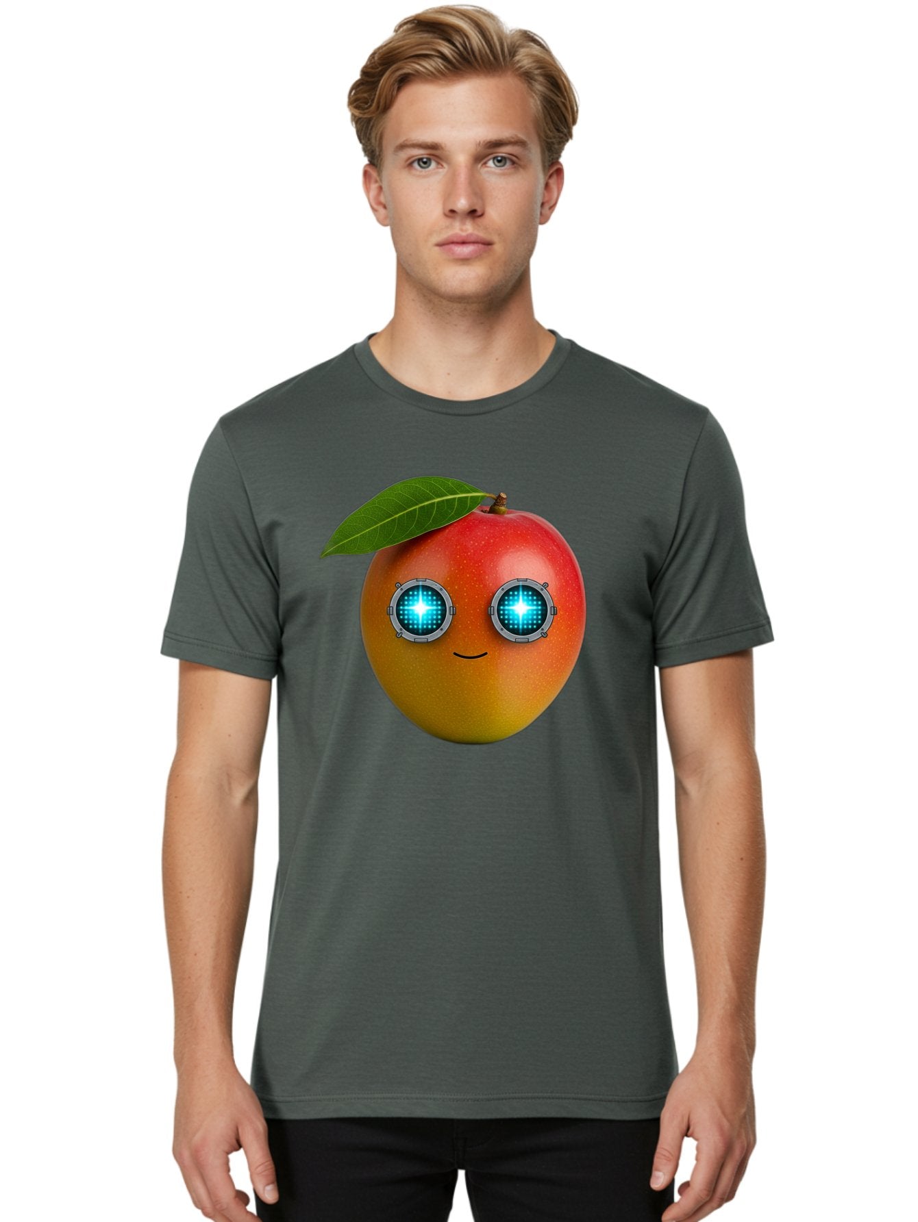 Mango-With-Cyborg-Eyes Men'S Graphic Tee, 100% Cotton, Comfortable Casual Summer Wear, Machine Washable, Mango Fruit, Robotic Eyes, Cyborg Fruit, Digital Eyes, Futuristic Design, Tech-Inspired Artwork, Fruit Character, Robotic Vision, Bac168 23