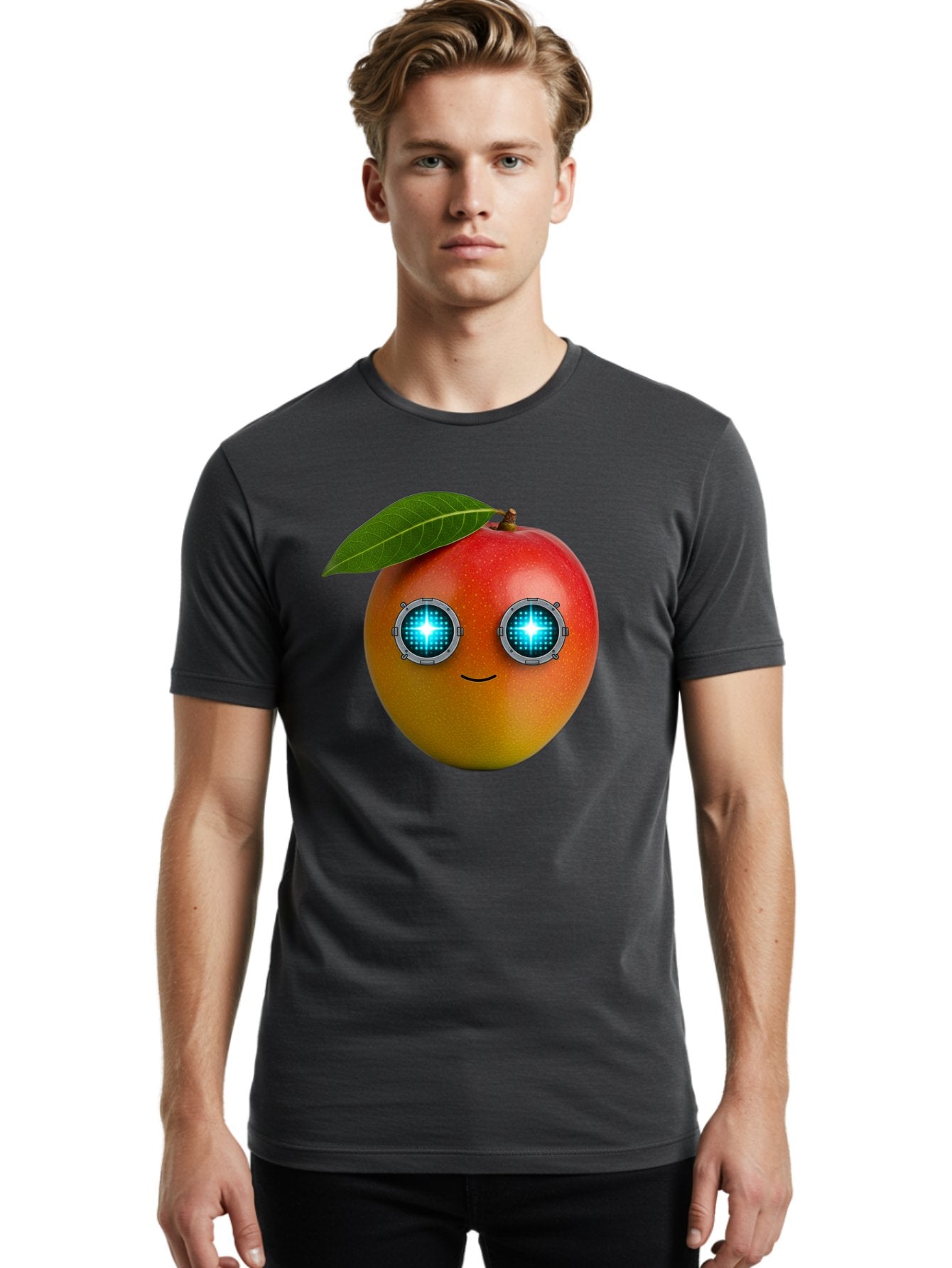 Mango-With-Cyborg-Eyes Men'S Graphic Tee, 100% Cotton, Comfortable Casual Summer Wear, Machine Washable, Mango Fruit, Robotic Eyes, Cyborg Fruit, Digital Eyes, Futuristic Design, Tech-Inspired Artwork, Fruit Character, Robotic Vision, Bac168 24