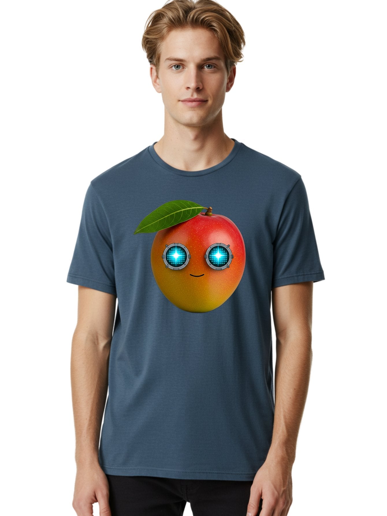 Mango-With-Cyborg-Eyes Men'S Graphic Tee, 100% Cotton, Comfortable Casual Summer Wear, Machine Washable, Mango Fruit, Robotic Eyes, Cyborg Fruit, Digital Eyes, Futuristic Design, Tech-Inspired Artwork, Fruit Character, Robotic Vision, Bac168 17