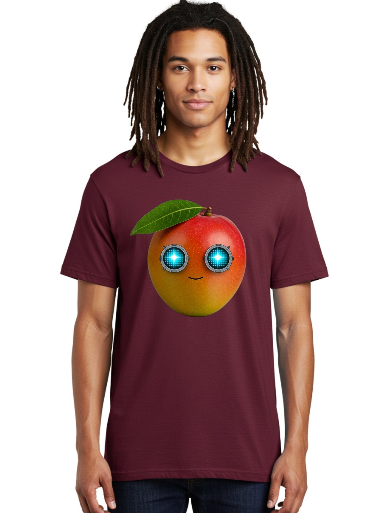Mango-With-Cyborg-Eyes Men'S Graphic Tee, 100% Cotton, Comfortable Casual Summer Wear, Machine Washable, Mango Fruit, Robotic Eyes, Cyborg Fruit, Digital Eyes, Futuristic Design, Tech-Inspired Artwork, Fruit Character, Robotic Vision, Bac168 16