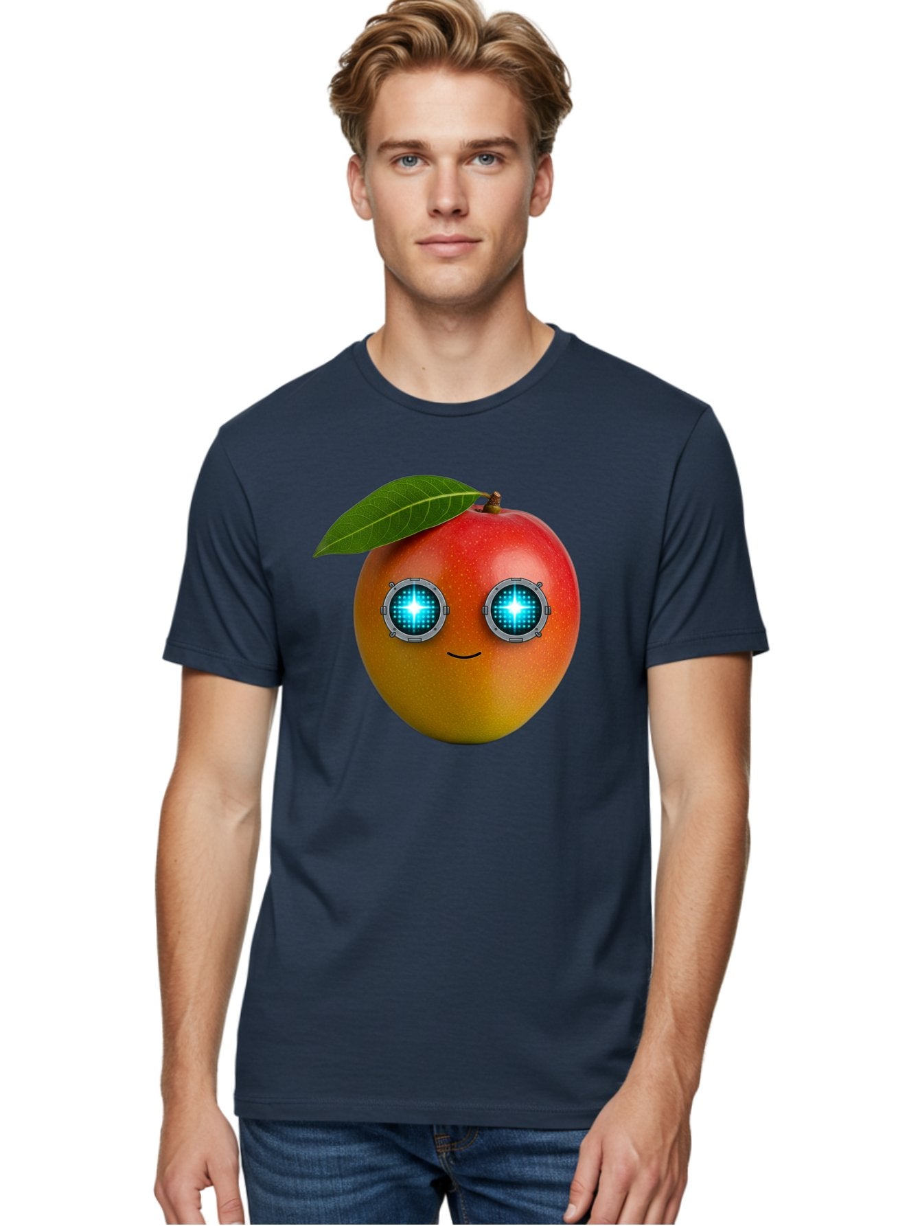 Mango-With-Cyborg-Eyes Men'S Graphic Tee, 100% Cotton, Comfortable Casual Summer Wear, Machine Washable, Mango Fruit, Robotic Eyes, Cyborg Fruit, Digital Eyes, Futuristic Design, Tech-Inspired Artwork, Fruit Character, Robotic Vision, Bac168 20