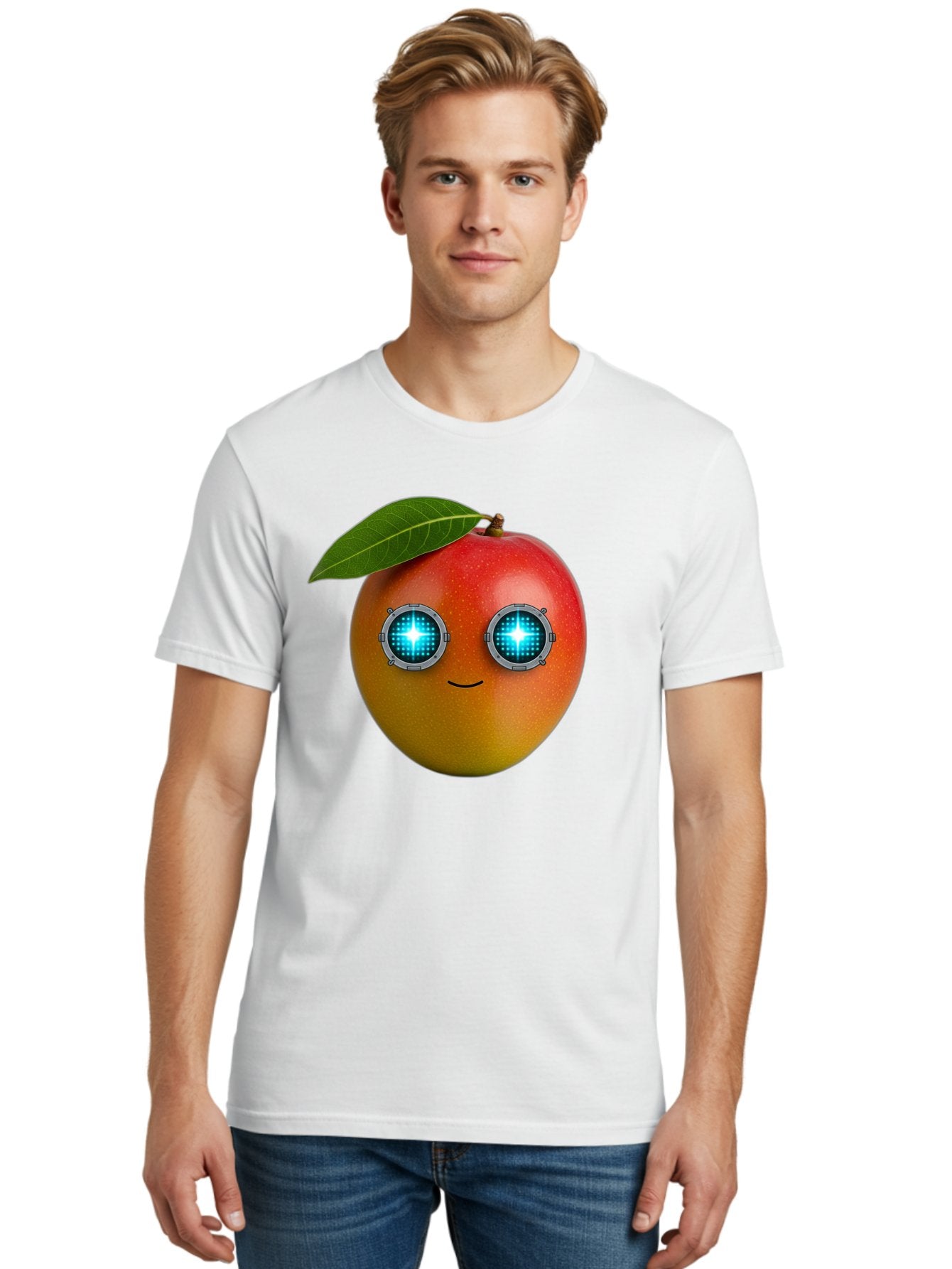 Mango-With-Cyborg-Eyes Men'S Graphic Tee, 100% Cotton, Comfortable Casual Summer Wear, Machine Washable, Mango Fruit, Robotic Eyes, Cyborg Fruit, Digital Eyes, Futuristic Design, Tech-Inspired Artwork, Fruit Character, Robotic Vision, Bac168 18