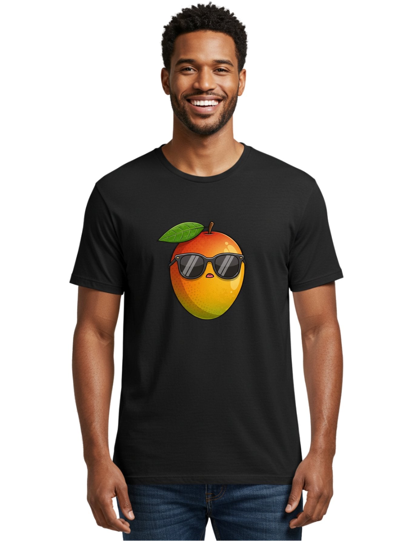 Mango-With-Shades Men'S Graphic Tee, 100% Cotton, Comfortable Casual Summer Wear, Machine Washable, Mango Character, Sunglasses, Leaf, Cartoon Style, Vibrant Colors, Funny Face, Trendy, Summer Vibes, Fruit Illustration, Kawaii Art Bac169 30