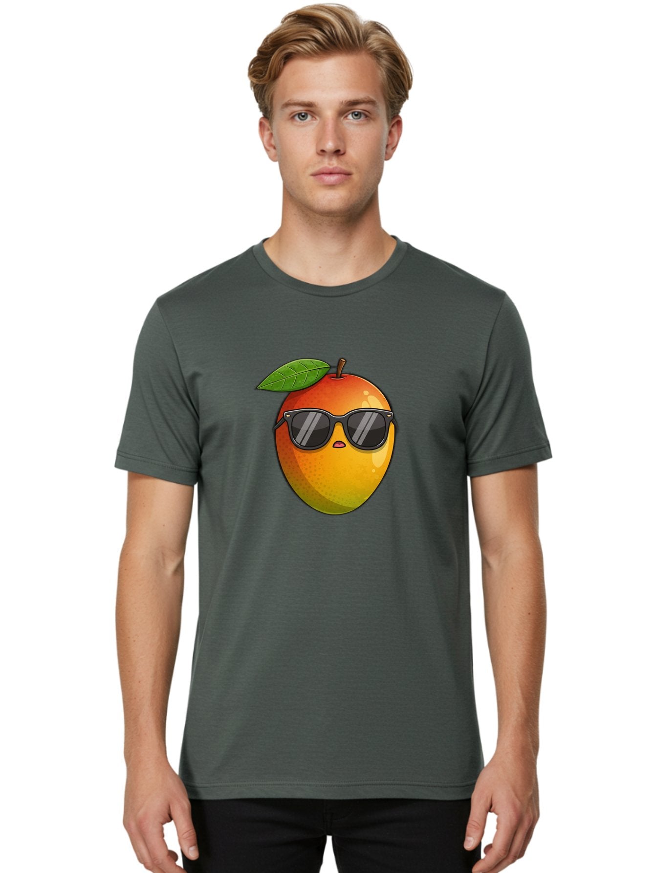 Mango-With-Shades Men'S Graphic Tee, 100% Cotton, Comfortable Casual Summer Wear, Machine Washable, Mango Character, Sunglasses, Leaf, Cartoon Style, Vibrant Colors, Funny Face, Trendy, Summer Vibes, Fruit Illustration, Kawaii Art Bac169 24