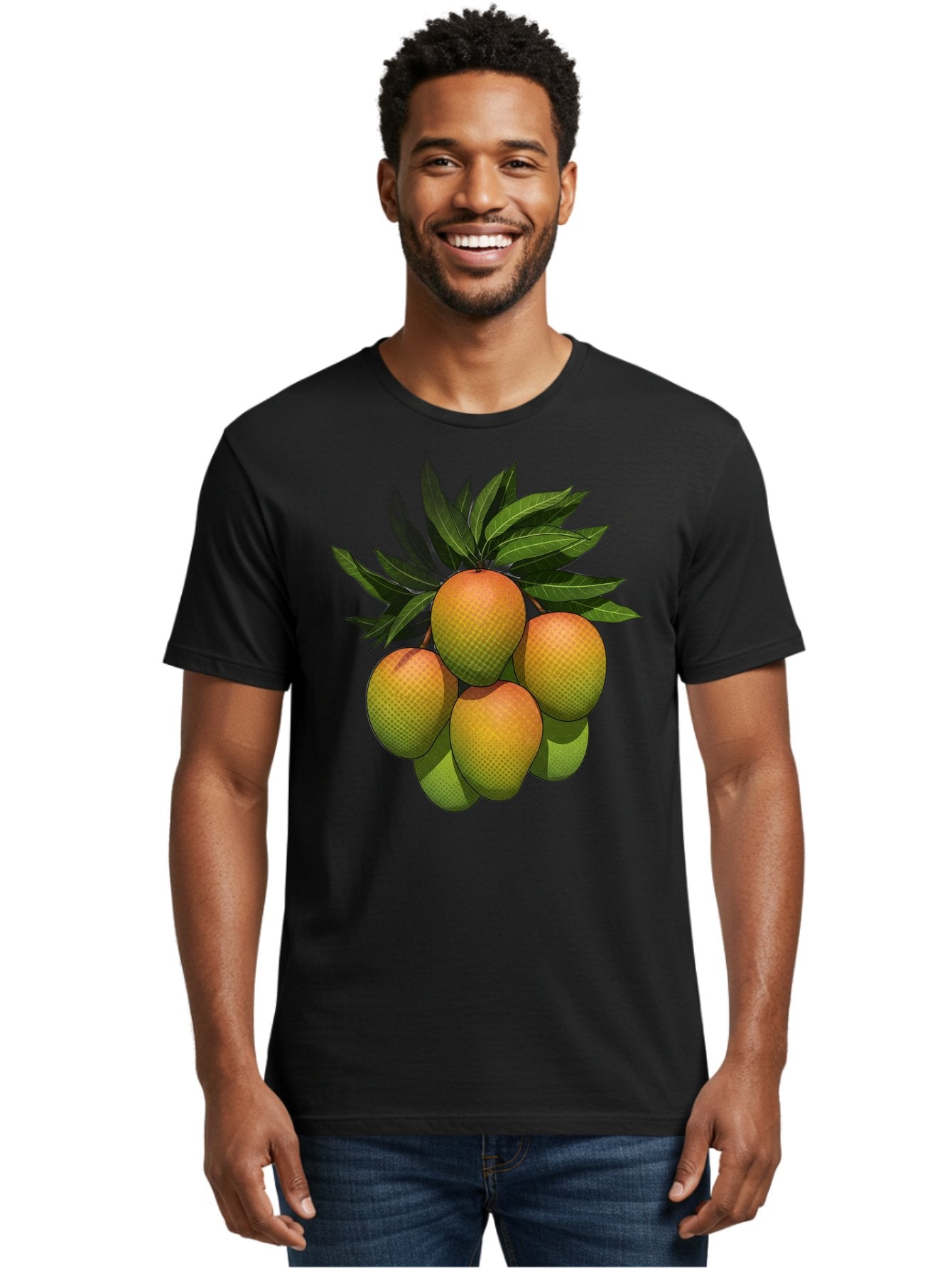 Mangoes Men'S Graphic Tee, 100% Cotton, Comfortable Casual Summer Wear, Machine Washable, Mangoes With Leaves, Tropical Fruit, Exotic Fruit, Fruit Cluster, Yellow-Orange Fruit, Green Leaves, Fruit Texture, Fruit Leaves, Vibrant Fruit Bac173 23