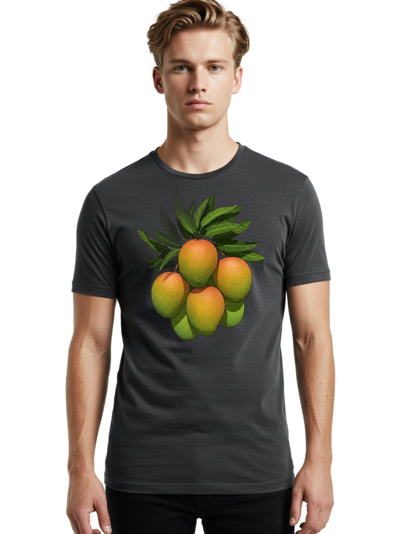 Mangoes Men'S Graphic Tee, 100% Cotton, Comfortable Casual Summer Wear, Machine Washable, Mangoes With Leaves, Tropical Fruit, Exotic Fruit, Fruit Cluster, Yellow-Orange Fruit, Green Leaves, Fruit Texture, Fruit Leaves, Vibrant Fruit Bac173 24