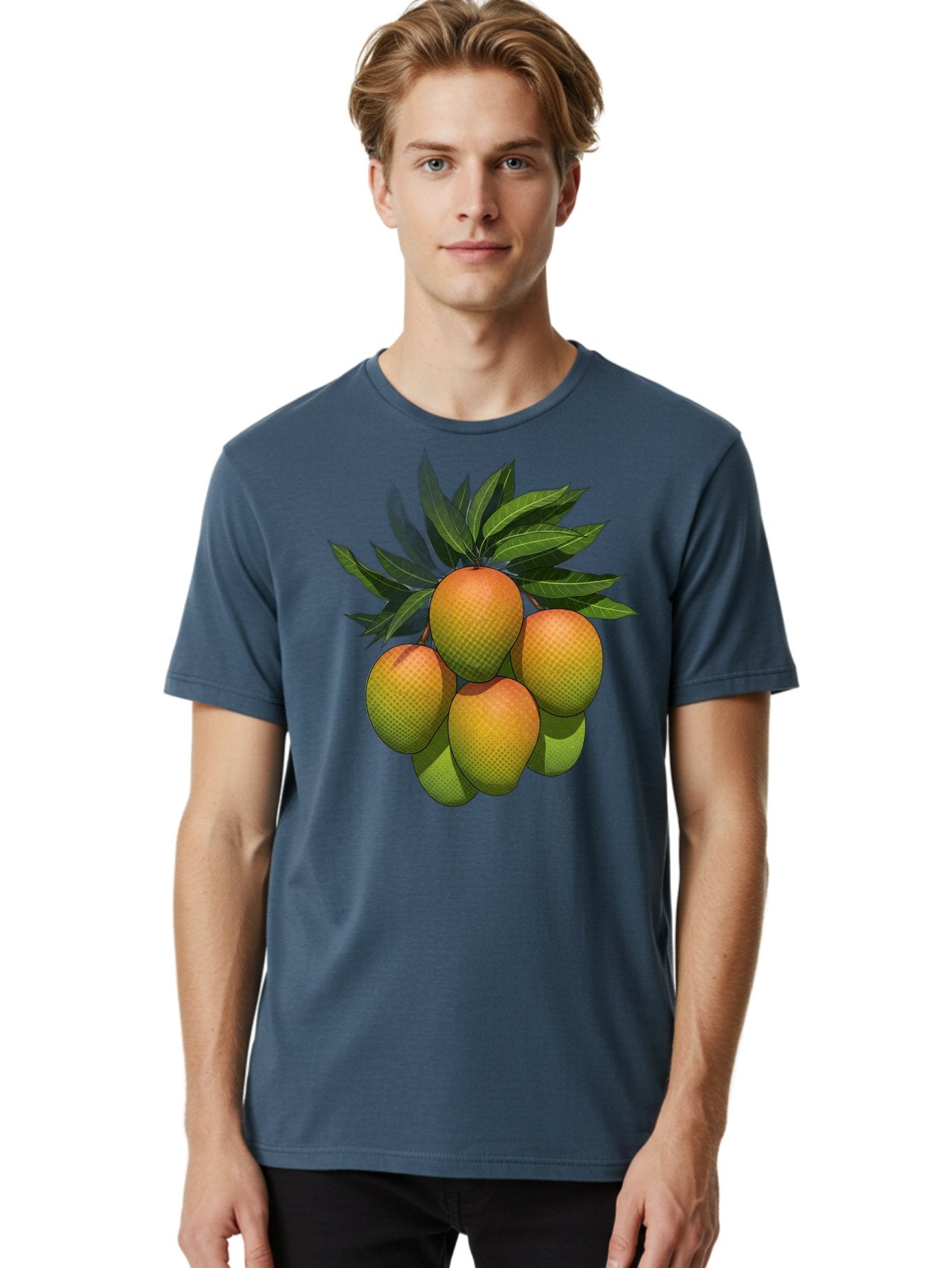 Mangoes Men'S Graphic Tee, 100% Cotton, Comfortable Casual Summer Wear, Machine Washable, Mangoes With Leaves, Tropical Fruit, Exotic Fruit, Fruit Cluster, Yellow-Orange Fruit, Green Leaves, Fruit Texture, Fruit Leaves, Vibrant Fruit Bac173 25