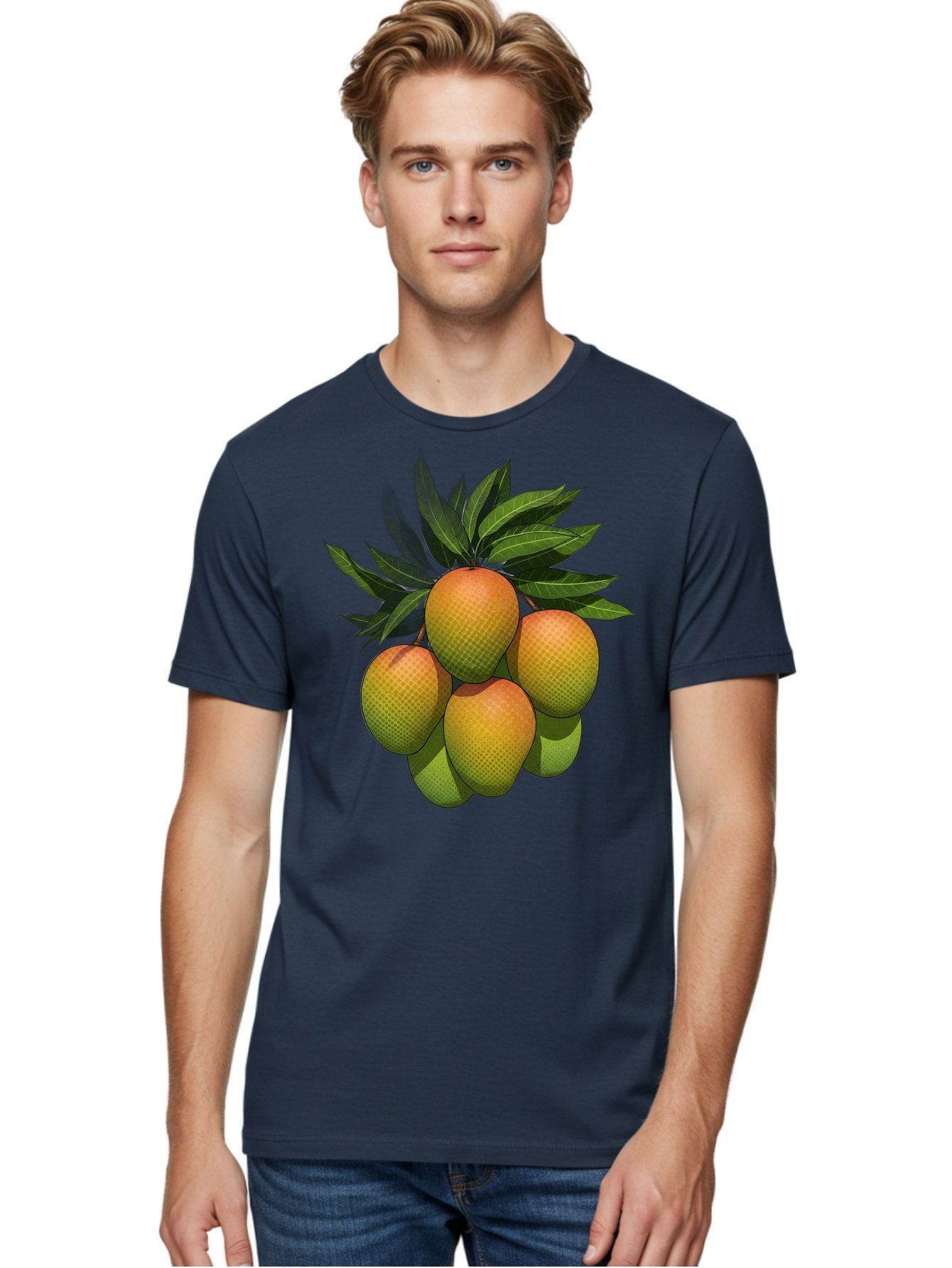 Mangoes Men'S Graphic Tee, 100% Cotton, Comfortable Casual Summer Wear, Machine Washable, Mangoes With Leaves, Tropical Fruit, Exotic Fruit, Fruit Cluster, Yellow-Orange Fruit, Green Leaves, Fruit Texture, Fruit Leaves, Vibrant Fruit Bac173 17