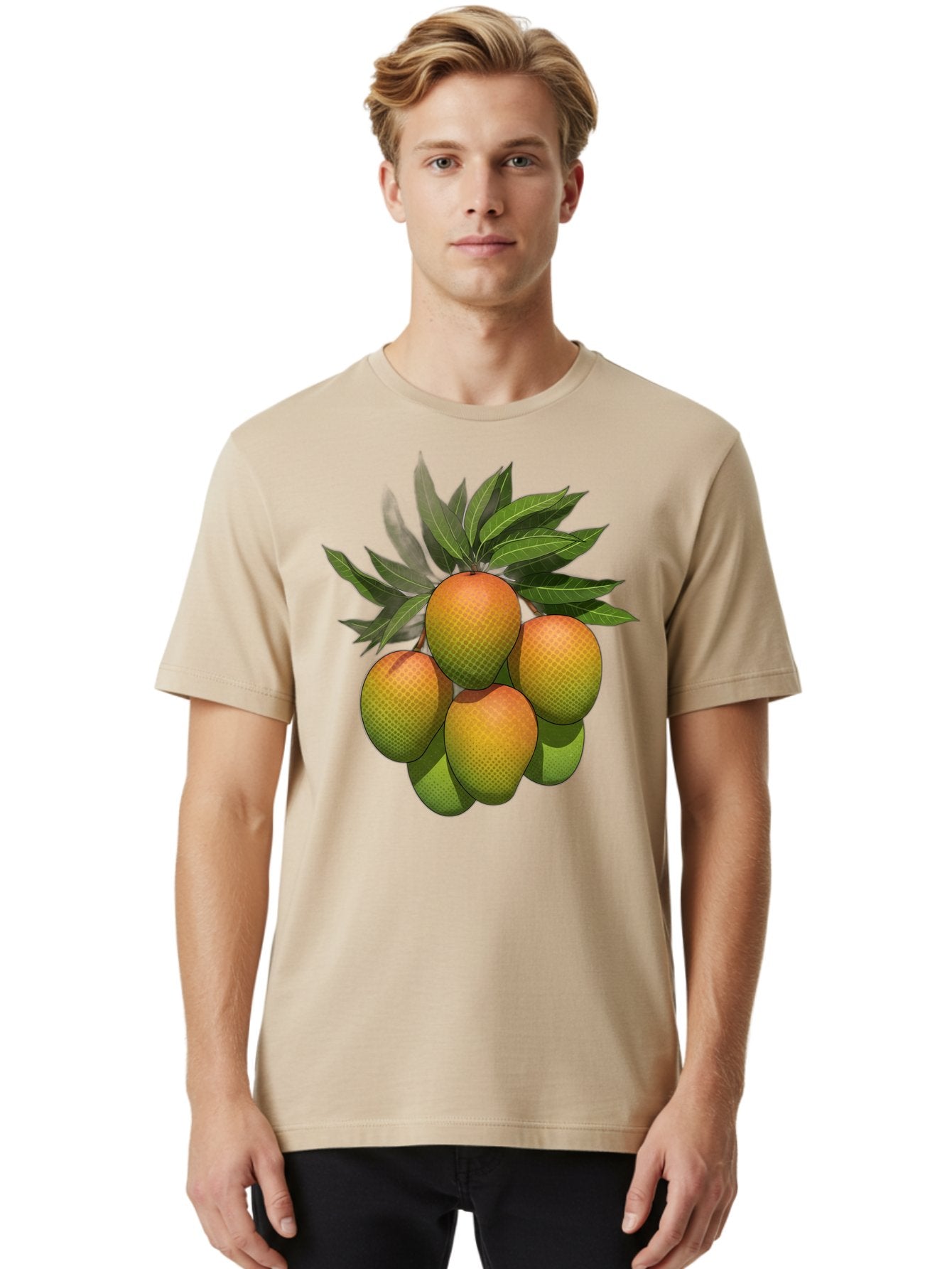 Mangoes Men'S Graphic Tee, 100% Cotton, Comfortable Casual Summer Wear, Machine Washable, Mangoes With Leaves, Tropical Fruit, Exotic Fruit, Fruit Cluster, Yellow-Orange Fruit, Green Leaves, Fruit Texture, Fruit Leaves, Vibrant Fruit Bac173 26