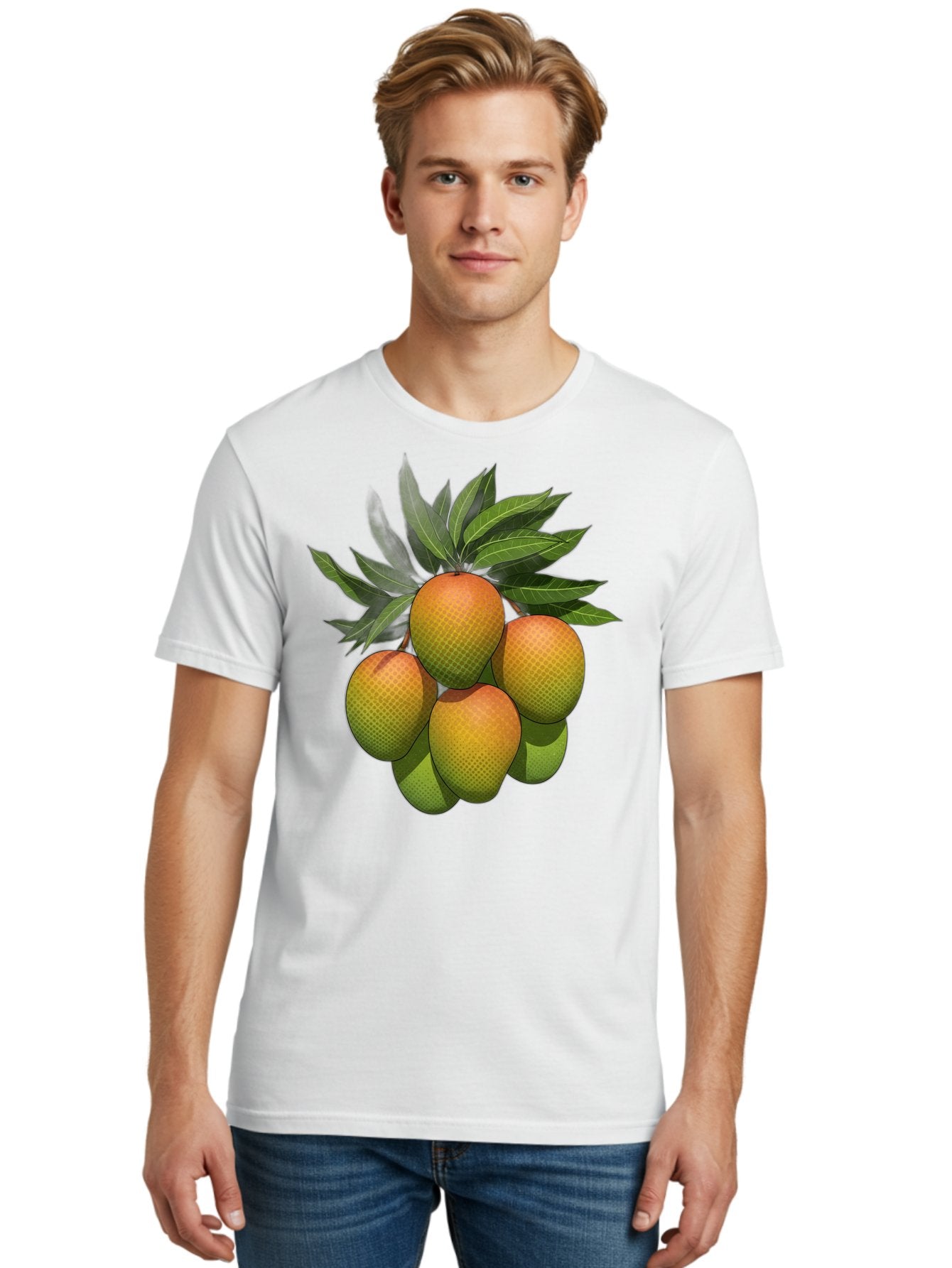 Mangoes Men'S Graphic Tee, 100% Cotton, Comfortable Casual Summer Wear, Machine Washable, Mangoes With Leaves, Tropical Fruit, Exotic Fruit, Fruit Cluster, Yellow-Orange Fruit, Green Leaves, Fruit Texture, Fruit Leaves, Vibrant Fruit Bac173 19