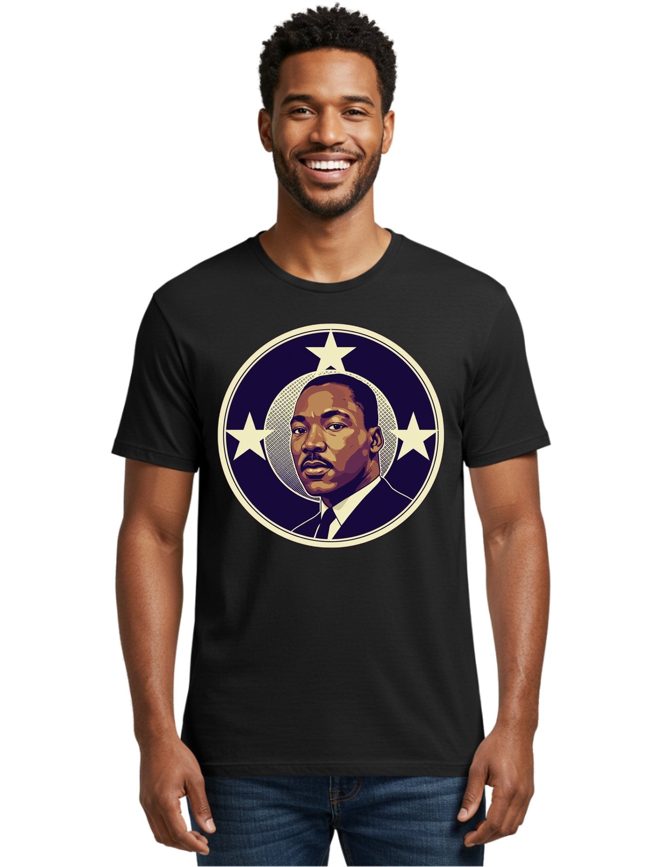Martin-Luther-King-Jr-1 Men'S Graphic Tee, 100% Cotton, Comfortable Casual Summer Wear, Machine Washable, Martin Luther King Jr. Portrait, Civil Rights Leader, Three Stars, Circular Frame, Vintage Design, Iconic Figure, Inspirational Leader, Bac175 30