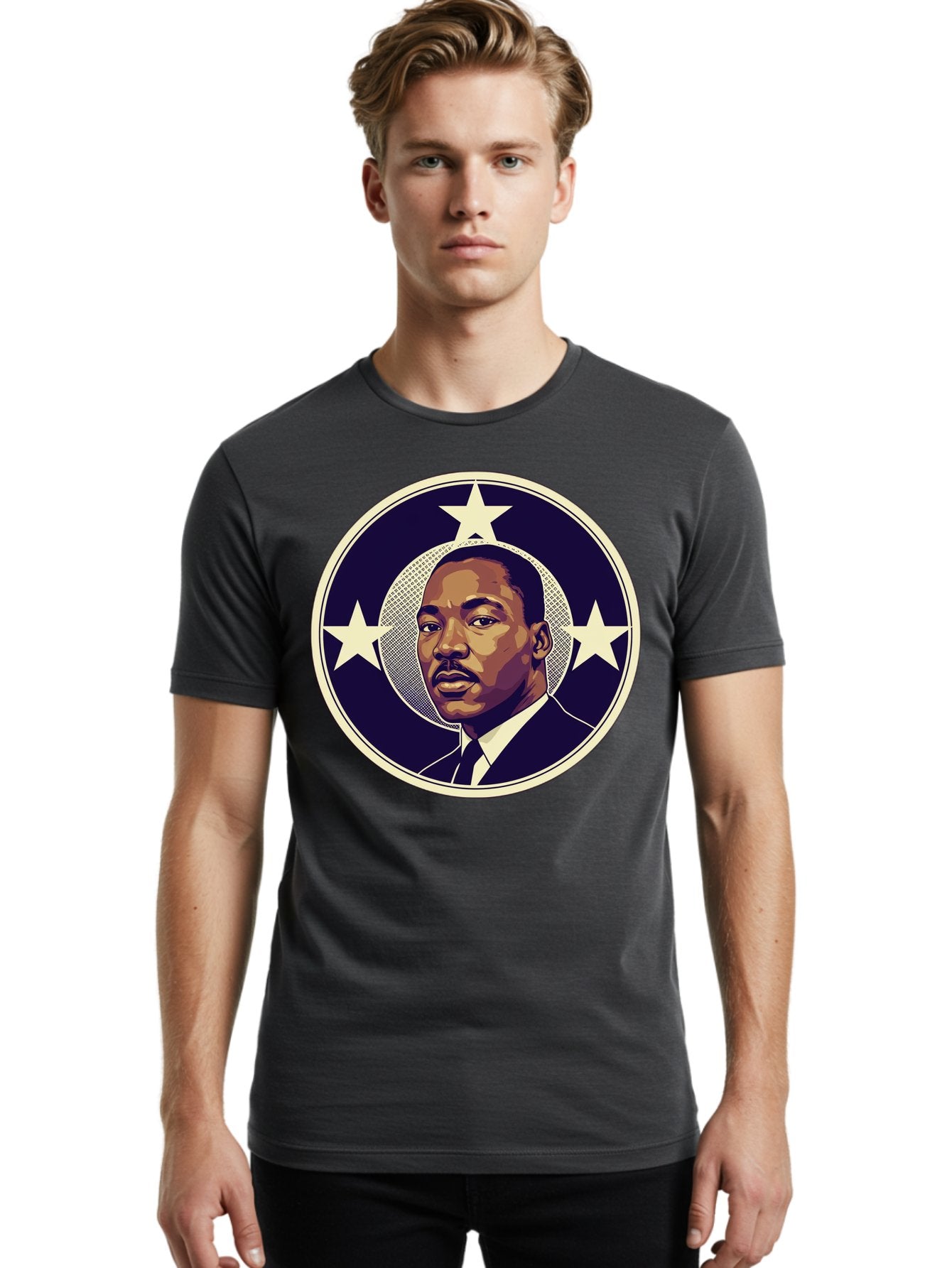Martin-Luther-King-Jr-1 Men'S Graphic Tee, 100% Cotton, Comfortable Casual Summer Wear, Machine Washable, Martin Luther King Jr. Portrait, Civil Rights Leader, Three Stars, Circular Frame, Vintage Design, Iconic Figure, Inspirational Leader, Bac175 21