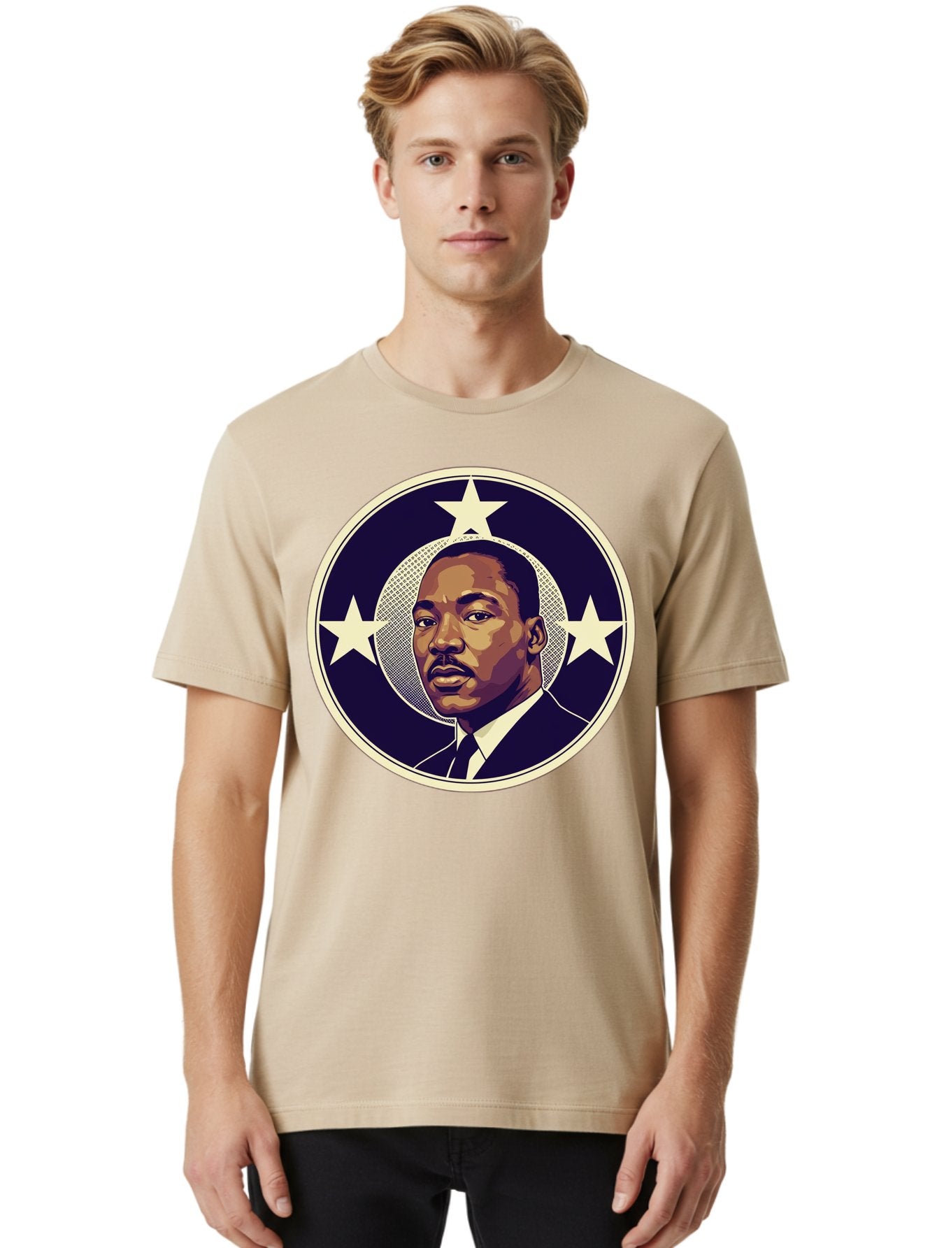 Martin-Luther-King-Jr-1 Men'S Graphic Tee, 100% Cotton, Comfortable Casual Summer Wear, Machine Washable, Martin Luther King Jr. Portrait, Civil Rights Leader, Three Stars, Circular Frame, Vintage Design, Iconic Figure, Inspirational Leader, Bac175 25