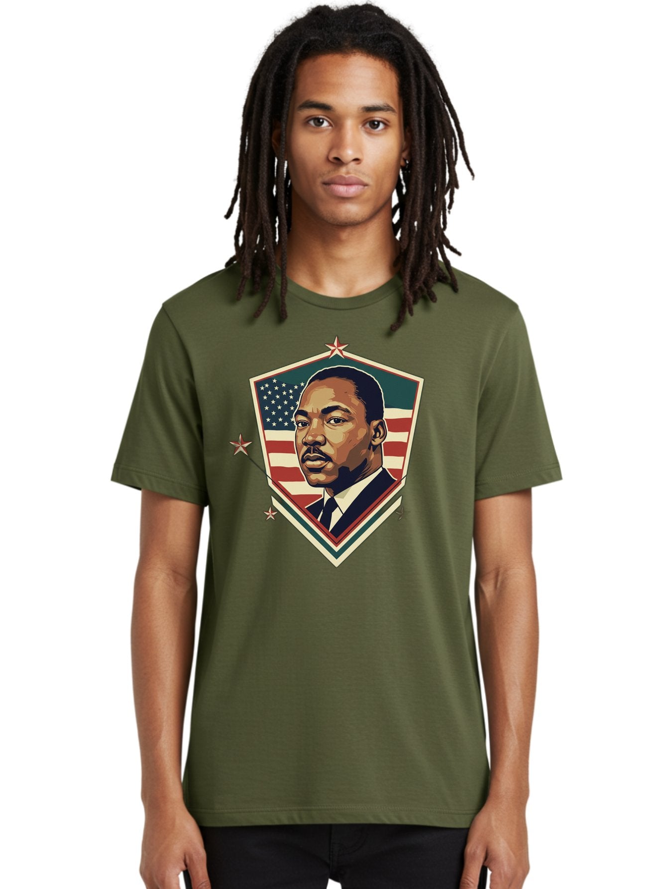 Martin-Luther-King-Jr-Shield Men'S Graphic Tee, 100% Cotton, Comfortable Casual Summer Wear, Machine Washable, Martin Luther King Jr. Portrait, American Flag, Patriotic Symbol, Civil Rights Leader, Iconic Figure, Freedom Fighter, Bac178 24