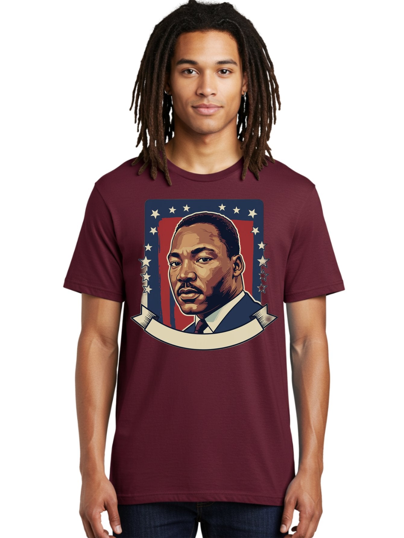 Martin-Luther-King Men'S Graphic Tee, 100% Cotton, Comfortable Casual Summer Wear, Machine Washable, Martin Luther King Jr. Portrait, Civil Rights Leader, Patriotic Illustration, Red White And Blue, Stars And Stripes, Inspirational Quote, Bac180 21