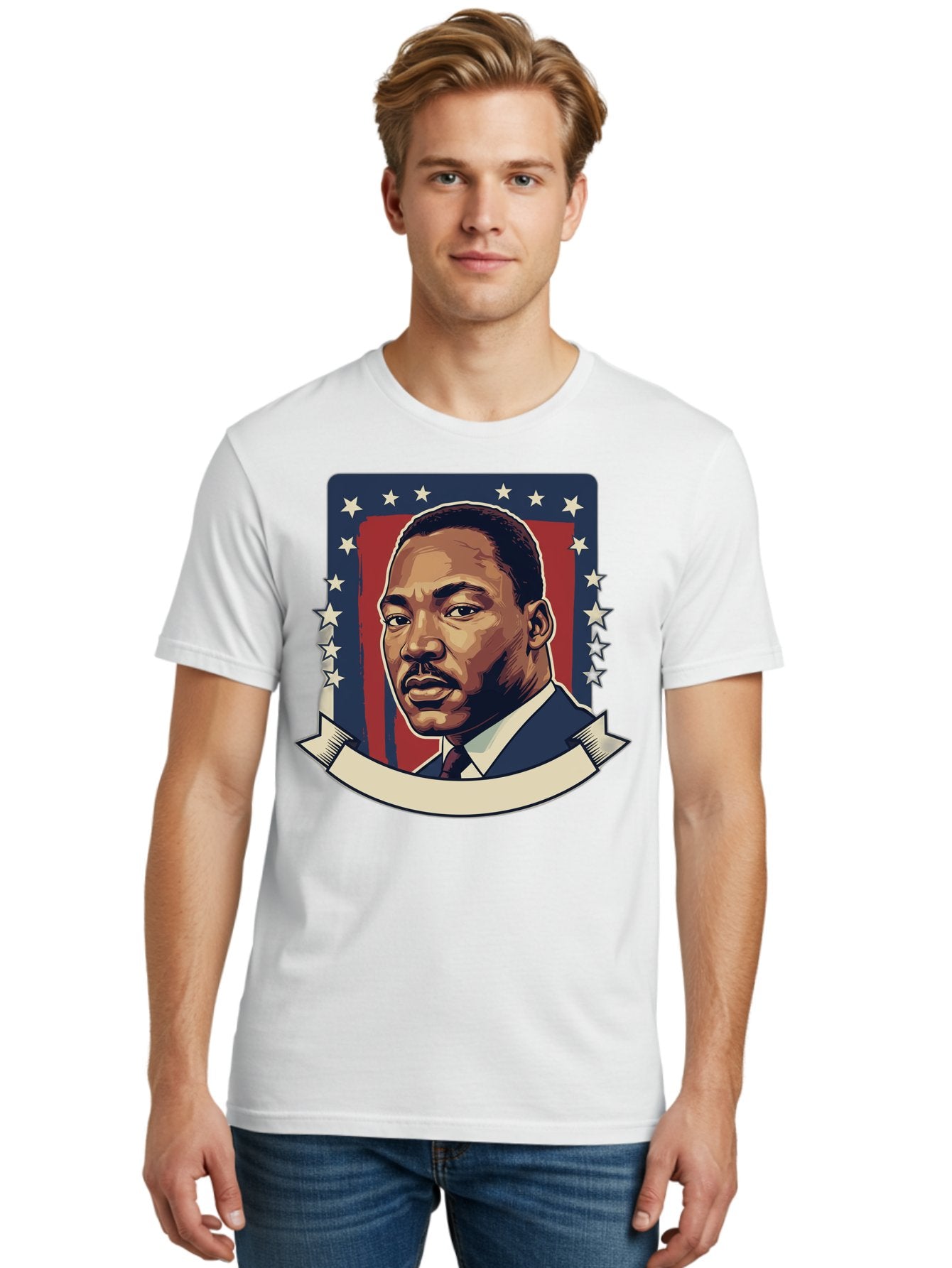 Martin-Luther-King Men'S Graphic Tee, 100% Cotton, Comfortable Casual Summer Wear, Machine Washable, Martin Luther King Jr. Portrait, Civil Rights Leader, Patriotic Illustration, Red White And Blue, Stars And Stripes, Inspirational Quote, Bac180 20