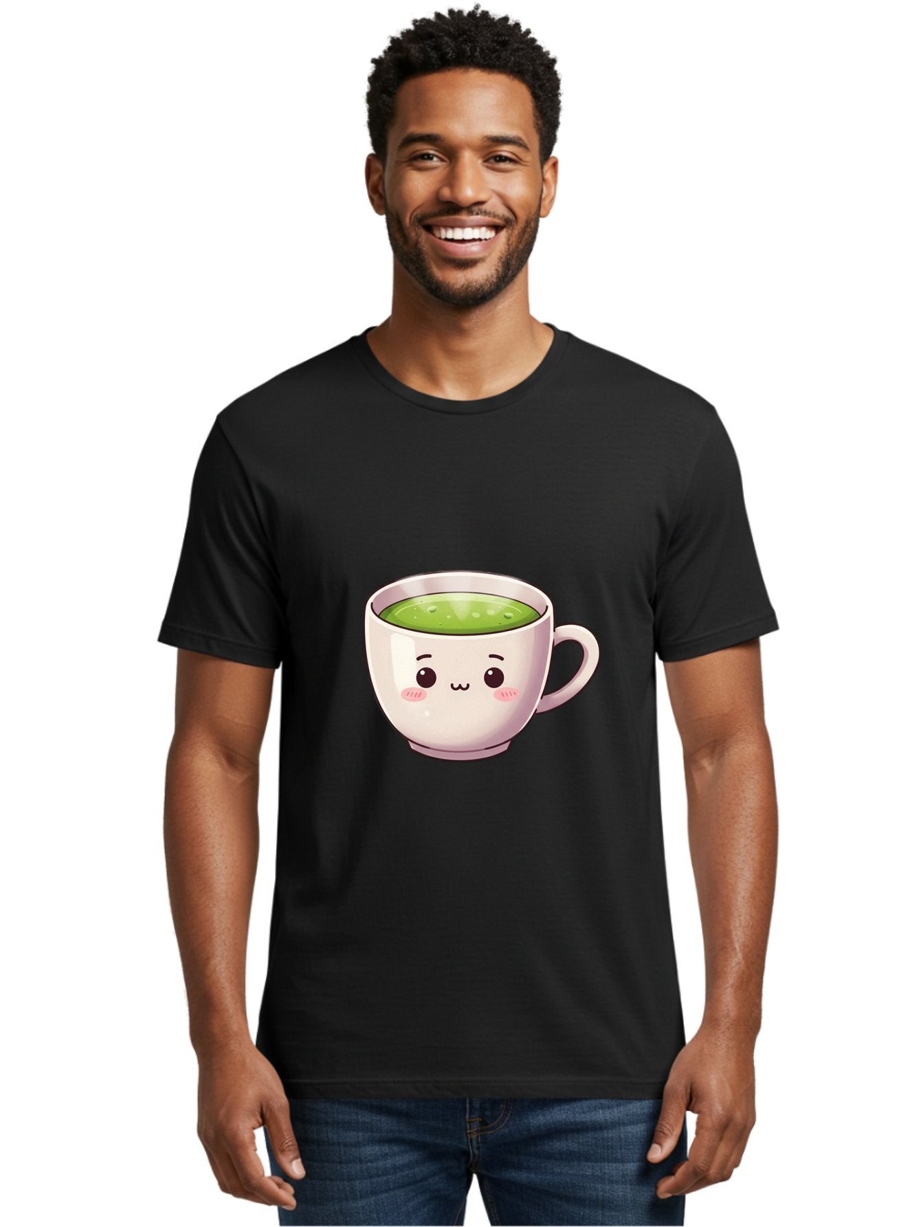 Matcha-Tea-Cup Men'S Graphic Tee, 100% Cotton, Comfortable Casual Summer Wear, Machine Washable, Matcha Tea, Cute Cartoon Character, Adorable Face, Kawaii Culture, Green Tea, Tea Time, Soothing Beverage, Lovely Design, Cheerful Expression Bac181 24