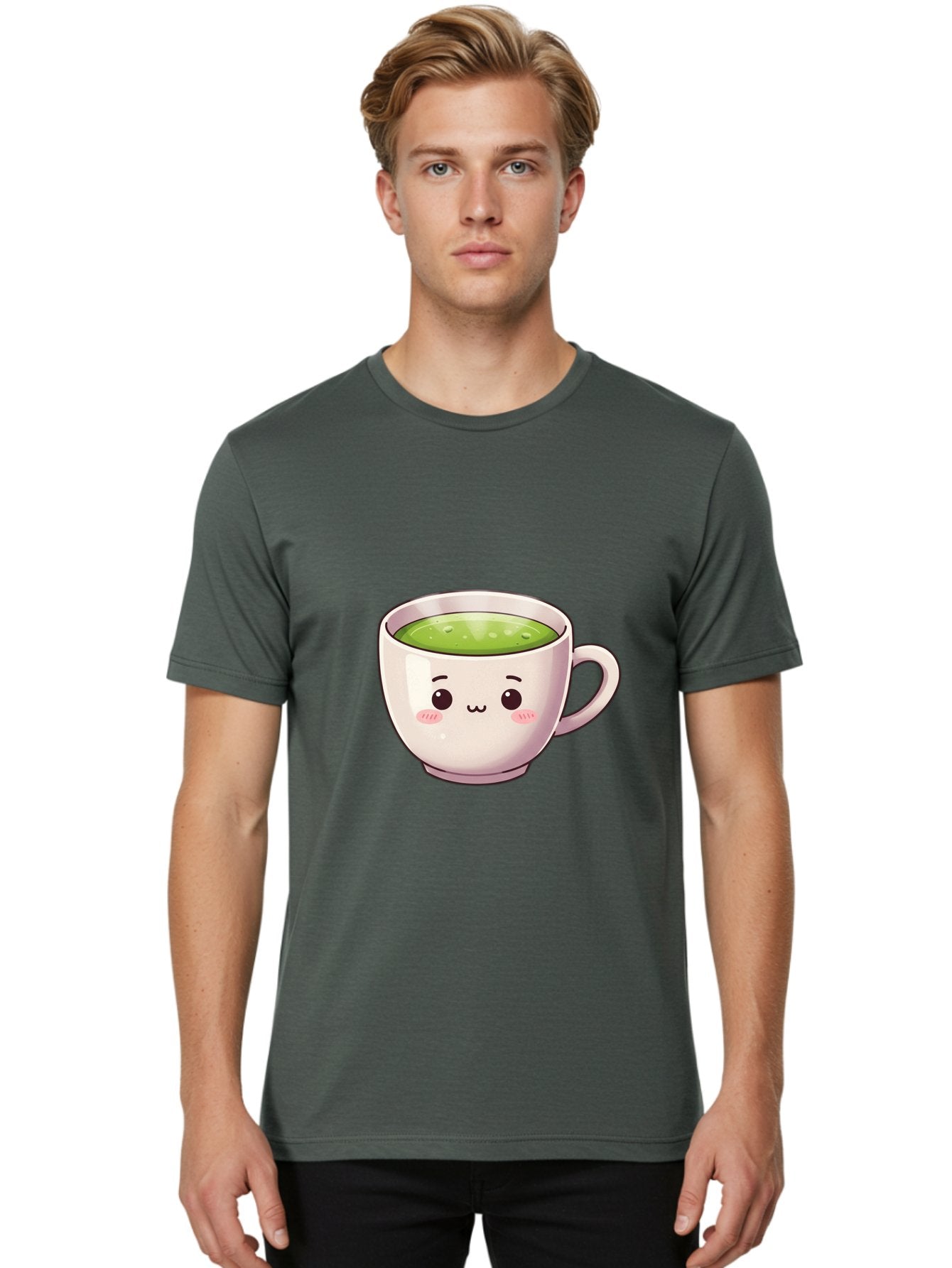 Matcha-Tea-Cup Men'S Graphic Tee, 100% Cotton, Comfortable Casual Summer Wear, Machine Washable, Matcha Tea, Cute Cartoon Character, Adorable Face, Kawaii Culture, Green Tea, Tea Time, Soothing Beverage, Lovely Design, Cheerful Expression Bac181 16