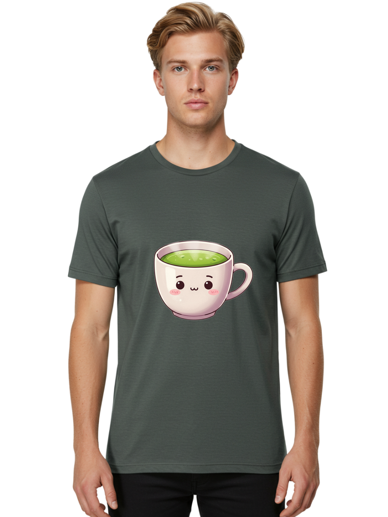 Matcha-Tea-Cup Men'S Graphic Tee, 100% Cotton, Comfortable Casual Summer Wear, Machine Washable, Matcha Tea, Cute Cartoon Character, Adorable Face, Kawaii Culture, Green Tea, Tea Time, Soothing Beverage, Lovely Design, Cheerful Expression Bac181 28