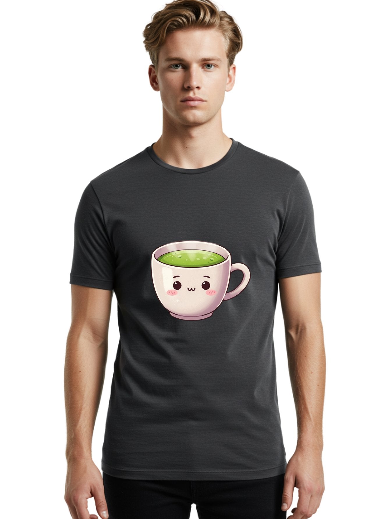 Matcha-Tea-Cup Men'S Graphic Tee, 100% Cotton, Comfortable Casual Summer Wear, Machine Washable, Matcha Tea, Cute Cartoon Character, Adorable Face, Kawaii Culture, Green Tea, Tea Time, Soothing Beverage, Lovely Design, Cheerful Expression Bac181 20