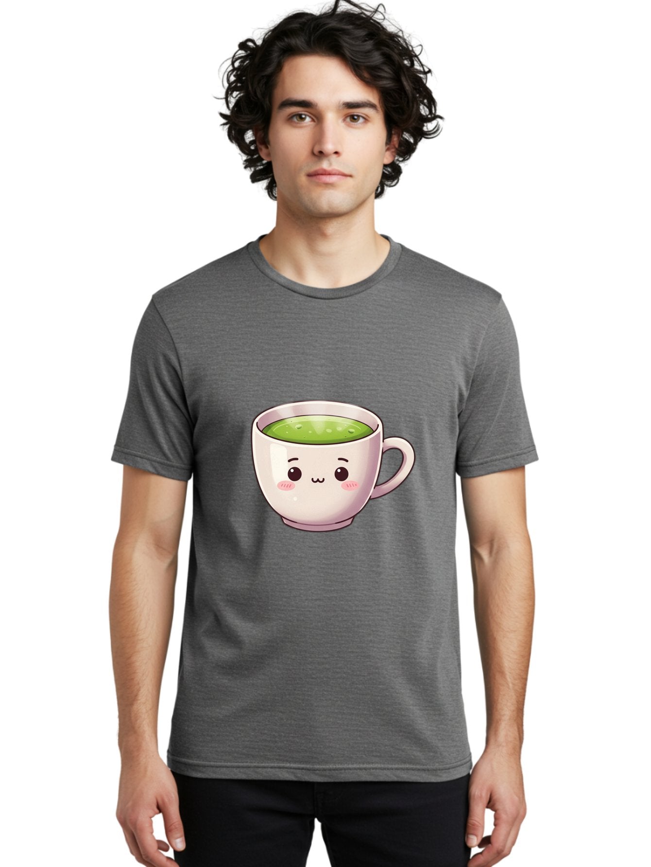 Matcha-Tea-Cup Men'S Graphic Tee, 100% Cotton, Comfortable Casual Summer Wear, Machine Washable, Matcha Tea, Cute Cartoon Character, Adorable Face, Kawaii Culture, Green Tea, Tea Time, Soothing Beverage, Lovely Design, Cheerful Expression Bac181 30