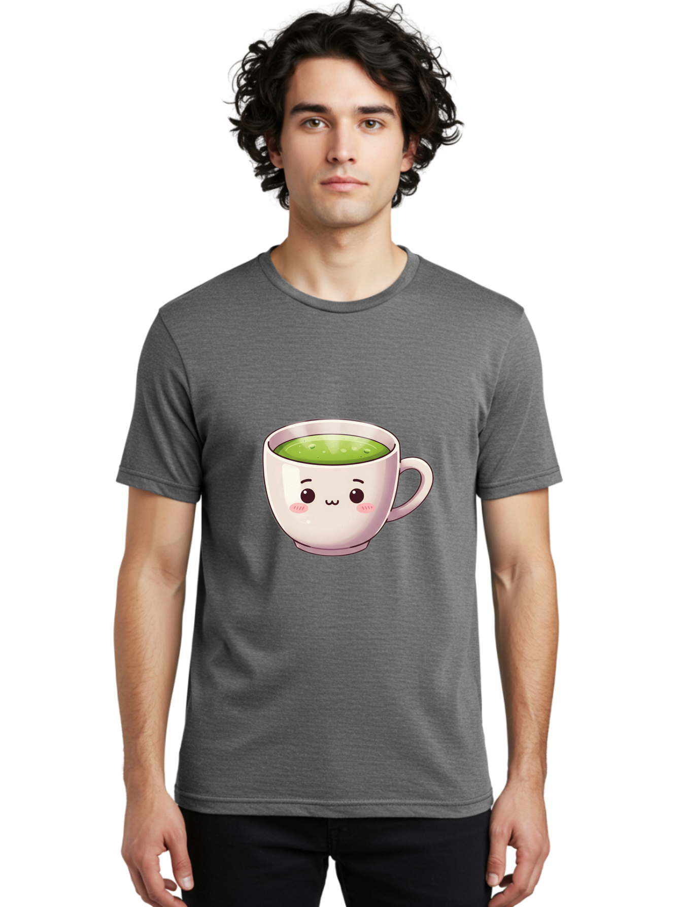 Matcha-Tea-Cup Men'S Graphic Tee, 100% Cotton, Comfortable Casual Summer Wear, Machine Washable, Matcha Tea, Cute Cartoon Character, Adorable Face, Kawaii Culture, Green Tea, Tea Time, Soothing Beverage, Lovely Design, Cheerful Expression Bac181 16