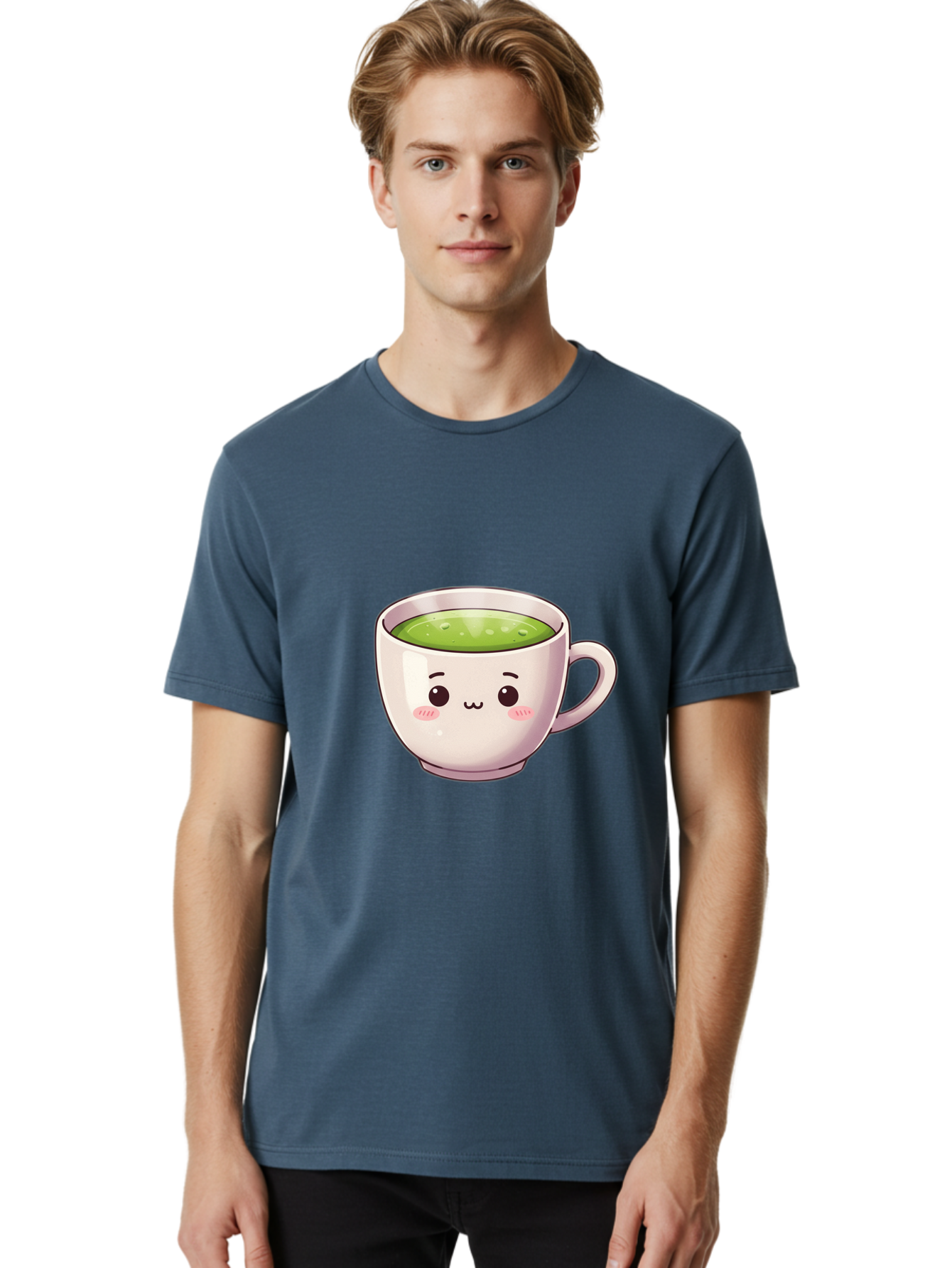 Matcha-Tea-Cup Men'S Graphic Tee, 100% Cotton, Comfortable Casual Summer Wear, Machine Washable, Matcha Tea, Cute Cartoon Character, Adorable Face, Kawaii Culture, Green Tea, Tea Time, Soothing Beverage, Lovely Design, Cheerful Expression Bac181 18