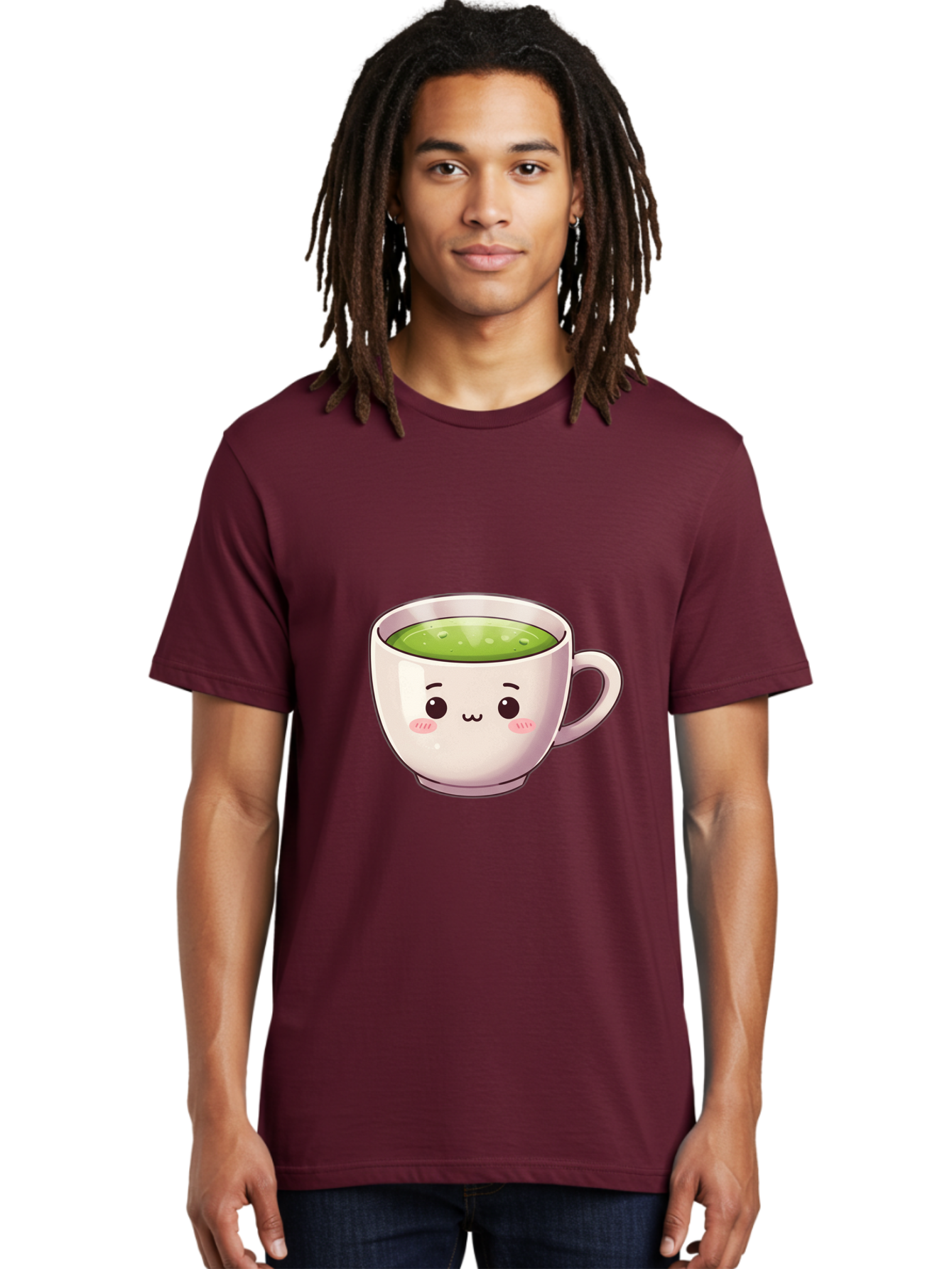 Matcha-Tea-Cup Men'S Graphic Tee, 100% Cotton, Comfortable Casual Summer Wear, Machine Washable, Matcha Tea, Cute Cartoon Character, Adorable Face, Kawaii Culture, Green Tea, Tea Time, Soothing Beverage, Lovely Design, Cheerful Expression Bac181 24