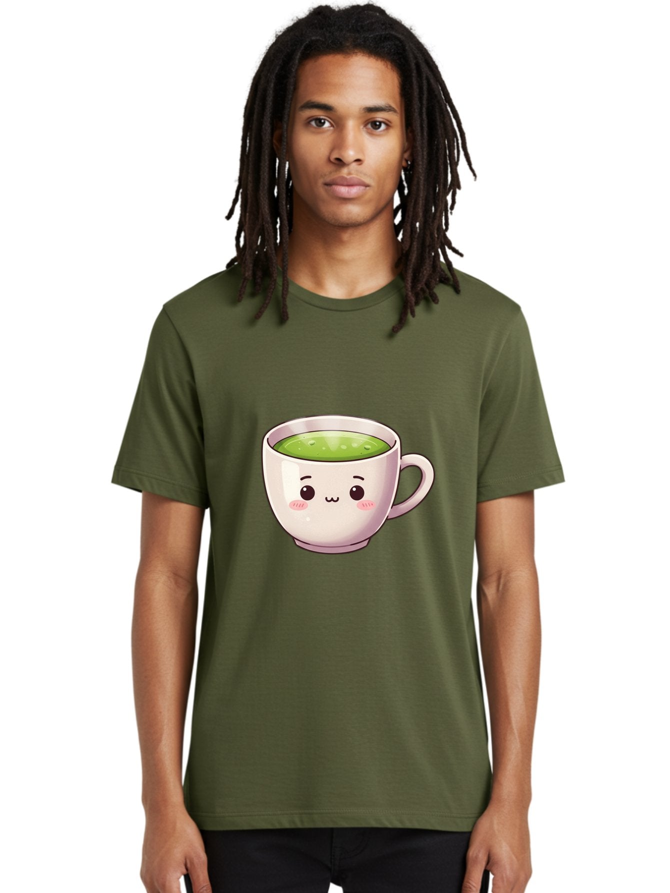 Matcha-Tea-Cup Men'S Graphic Tee, 100% Cotton, Comfortable Casual Summer Wear, Machine Washable, Matcha Tea, Cute Cartoon Character, Adorable Face, Kawaii Culture, Green Tea, Tea Time, Soothing Beverage, Lovely Design, Cheerful Expression Bac181 19