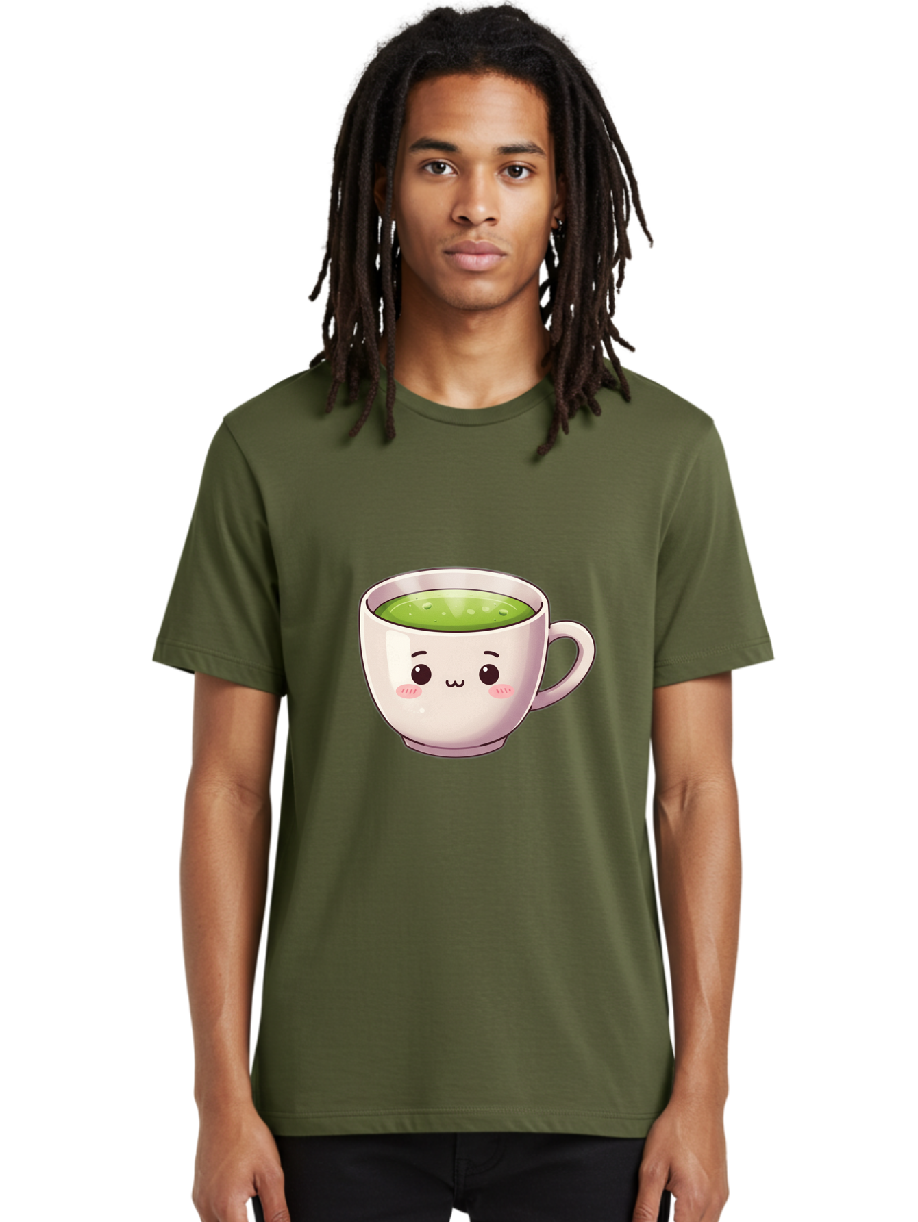 Matcha-Tea-Cup Men'S Graphic Tee, 100% Cotton, Comfortable Casual Summer Wear, Machine Washable, Matcha Tea, Cute Cartoon Character, Adorable Face, Kawaii Culture, Green Tea, Tea Time, Soothing Beverage, Lovely Design, Cheerful Expression Bac181 26