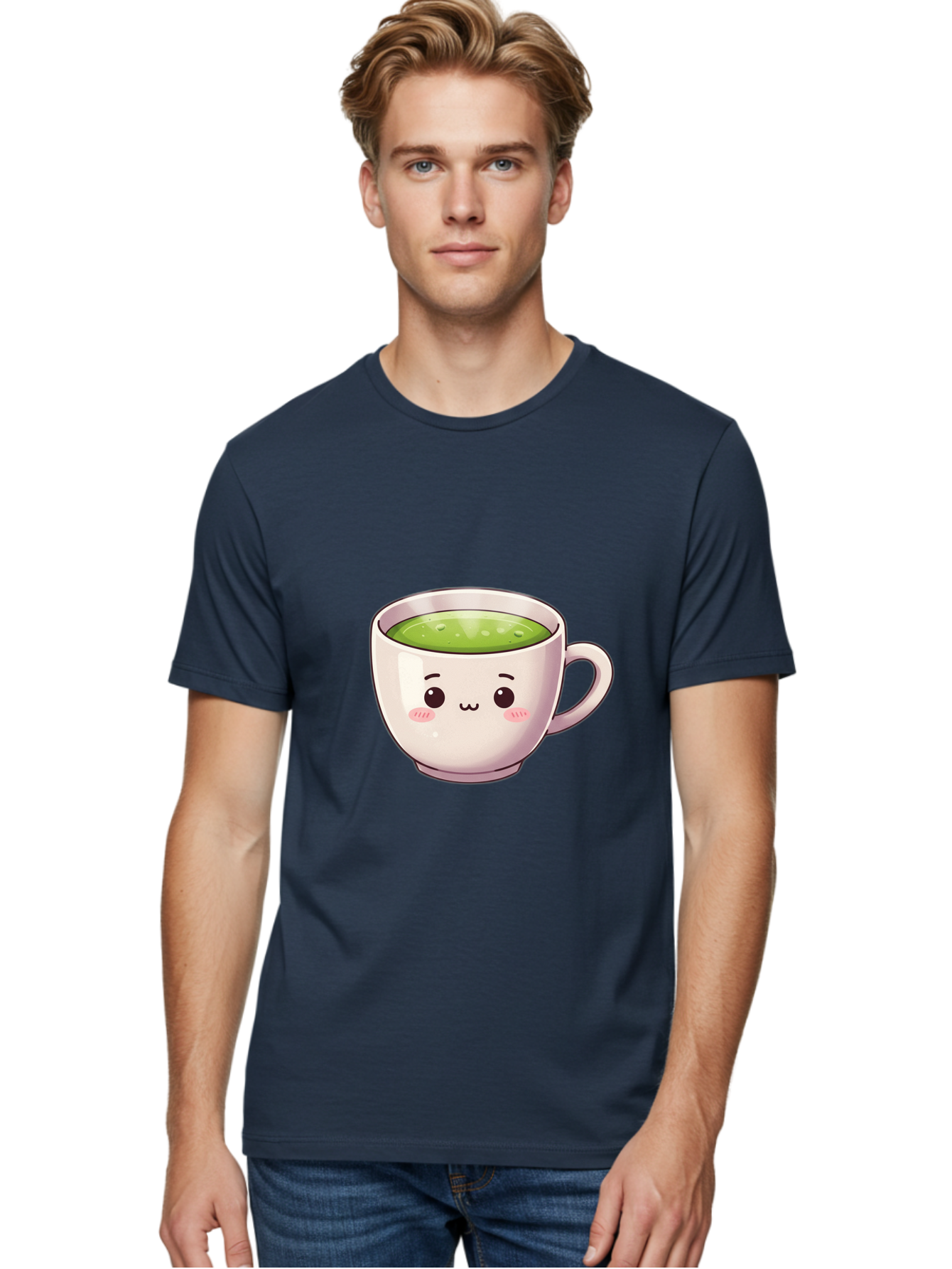 Matcha-Tea-Cup Men'S Graphic Tee, 100% Cotton, Comfortable Casual Summer Wear, Machine Washable, Matcha Tea, Cute Cartoon Character, Adorable Face, Kawaii Culture, Green Tea, Tea Time, Soothing Beverage, Lovely Design, Cheerful Expression Bac181 19