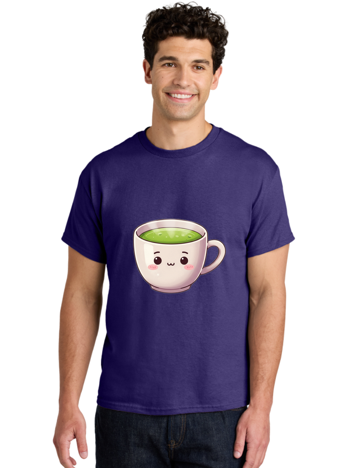 Matcha-Tea-Cup Men'S Graphic Tee, 100% Cotton, Comfortable Casual Summer Wear, Machine Washable, Matcha Tea, Cute Cartoon Character, Adorable Face, Kawaii Culture, Green Tea, Tea Time, Soothing Beverage, Lovely Design, Cheerful Expression Bac181 17
