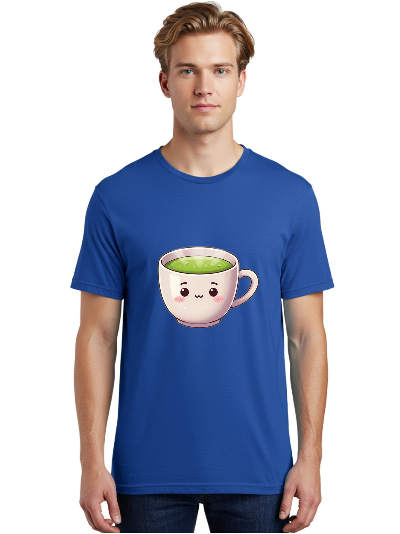 Matcha-Tea-Cup Men'S Graphic Tee, 100% Cotton, Comfortable Casual Summer Wear, Machine Washable, Matcha Tea, Cute Cartoon Character, Adorable Face, Kawaii Culture, Green Tea, Tea Time, Soothing Beverage, Lovely Design, Cheerful Expression Bac181 27