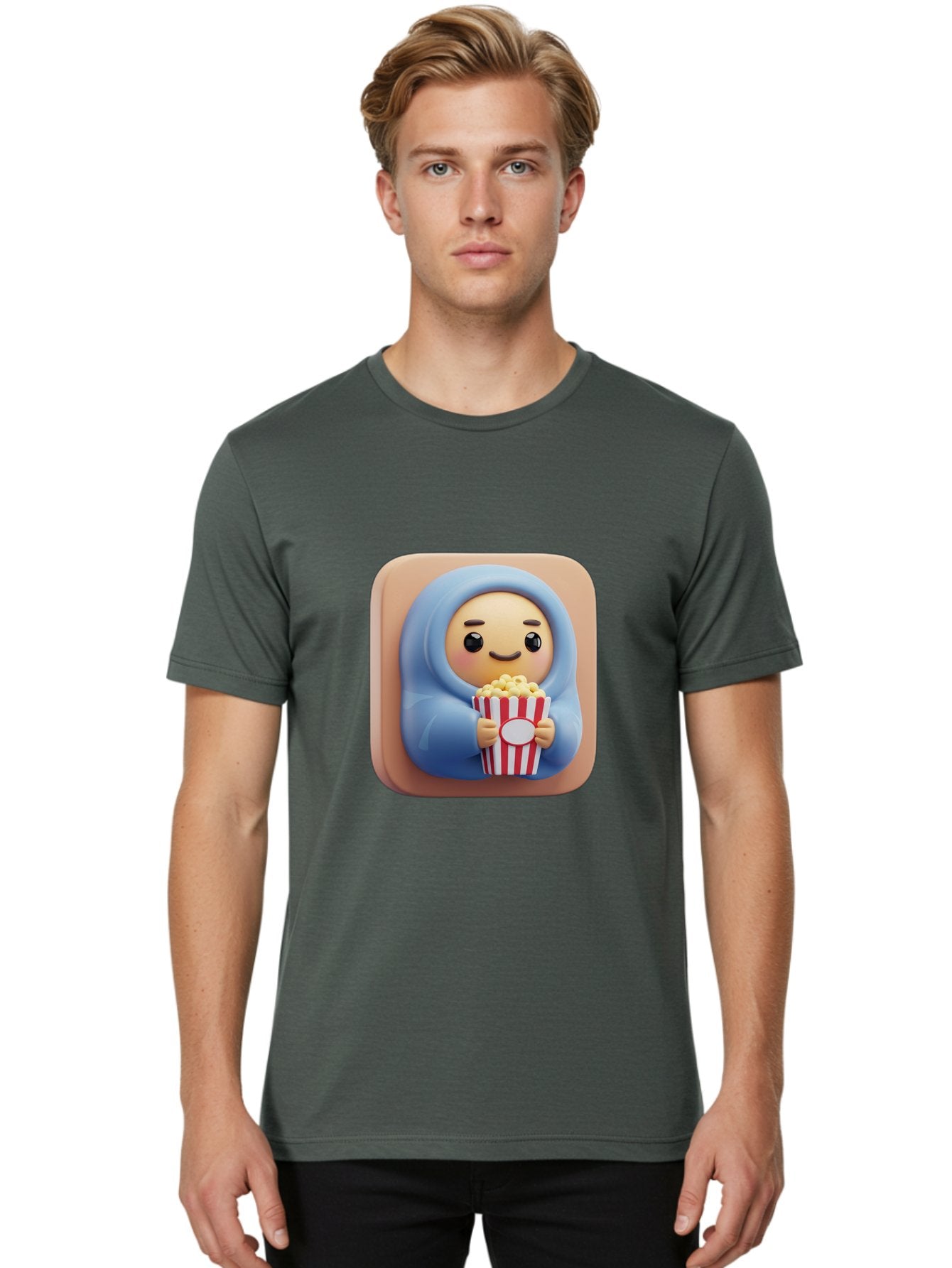 Melted-Face-Emoji Men'S Graphic Tee, 100% Cotton, Comfortable Casual Summer Wear, Machine Washable, Smiling Face, Happy Emoji, Popcorn Bucket, Red And White Stripes, Cartoon Character, Joyful Expression, Friendly Face, Fun Snack, Bac184 23