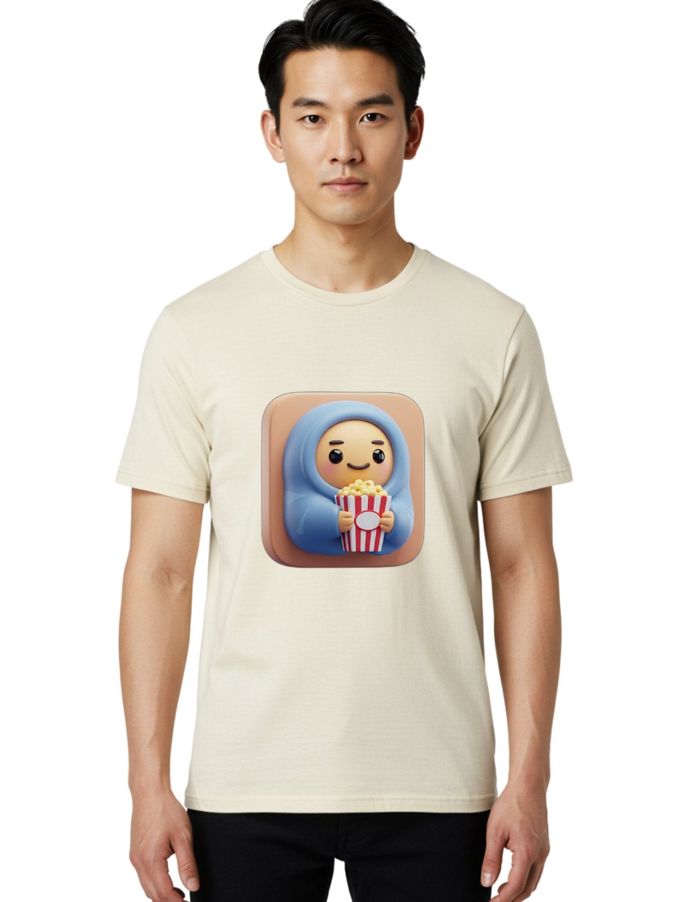 Melted-Face-Emoji Men'S Graphic Tee, 100% Cotton, Comfortable Casual Summer Wear, Machine Washable, Smiling Face, Happy Emoji, Popcorn Bucket, Red And White Stripes, Cartoon Character, Joyful Expression, Friendly Face, Fun Snack, Bac184 20