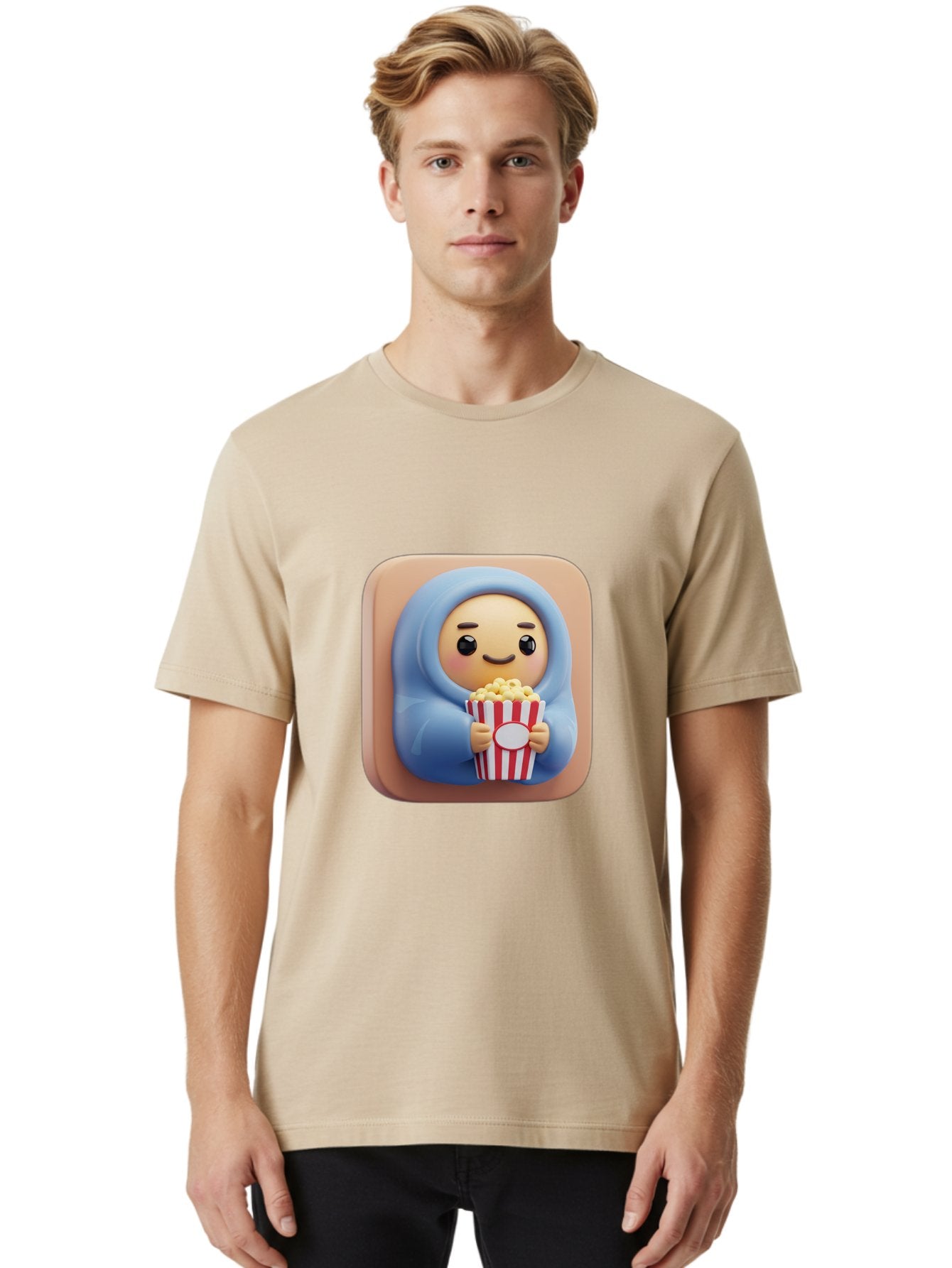 Melted-Face-Emoji Men'S Graphic Tee, 100% Cotton, Comfortable Casual Summer Wear, Machine Washable, Smiling Face, Happy Emoji, Popcorn Bucket, Red And White Stripes, Cartoon Character, Joyful Expression, Friendly Face, Fun Snack, Bac184 24
